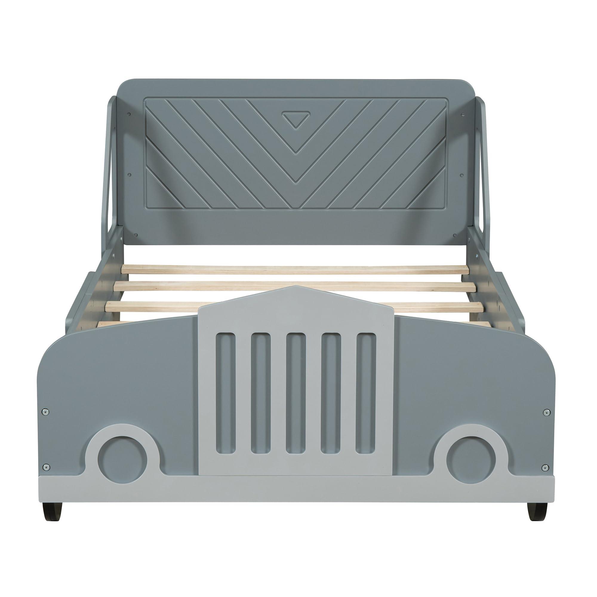 SOFTSEA SOFTSEA Twin Size Car Bed Frame, Car Shaped Bed for Boys Girls, Wooded Car Platform Bed Frame with Wheels and Guardrails, Floor Car Shaped Bed for Kids, No Box Spring Needed, Gray