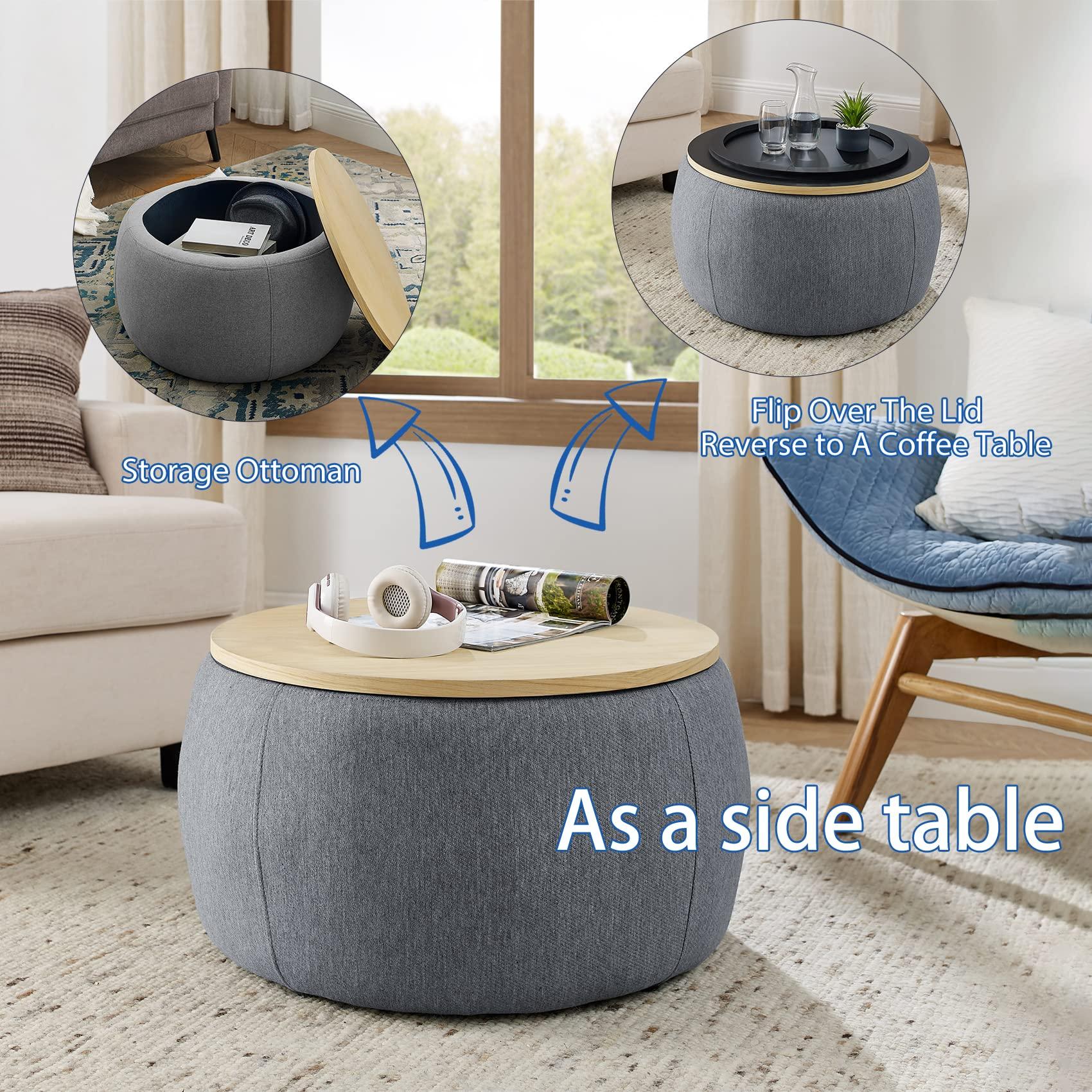 Tmosi Round Storage Ottoman Coffee Table, Footstool, Side Table End Table for Living Room (Dark Grey)
