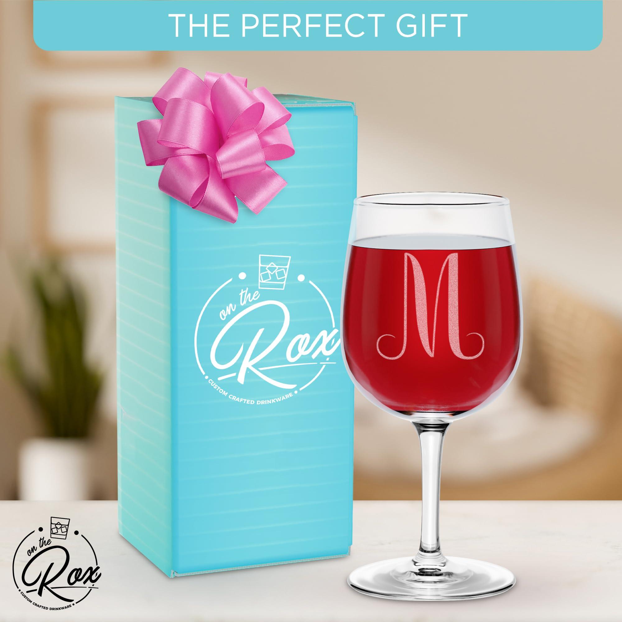 On The Rox Drinks Monogrammed A-Z Wine Gifts for Women - 12.75 oz Engraved Personalized Wine Glass- Funny Wine Lover Monogram Gifts for Women - Unique Wine Glasses Gift Set (M)
