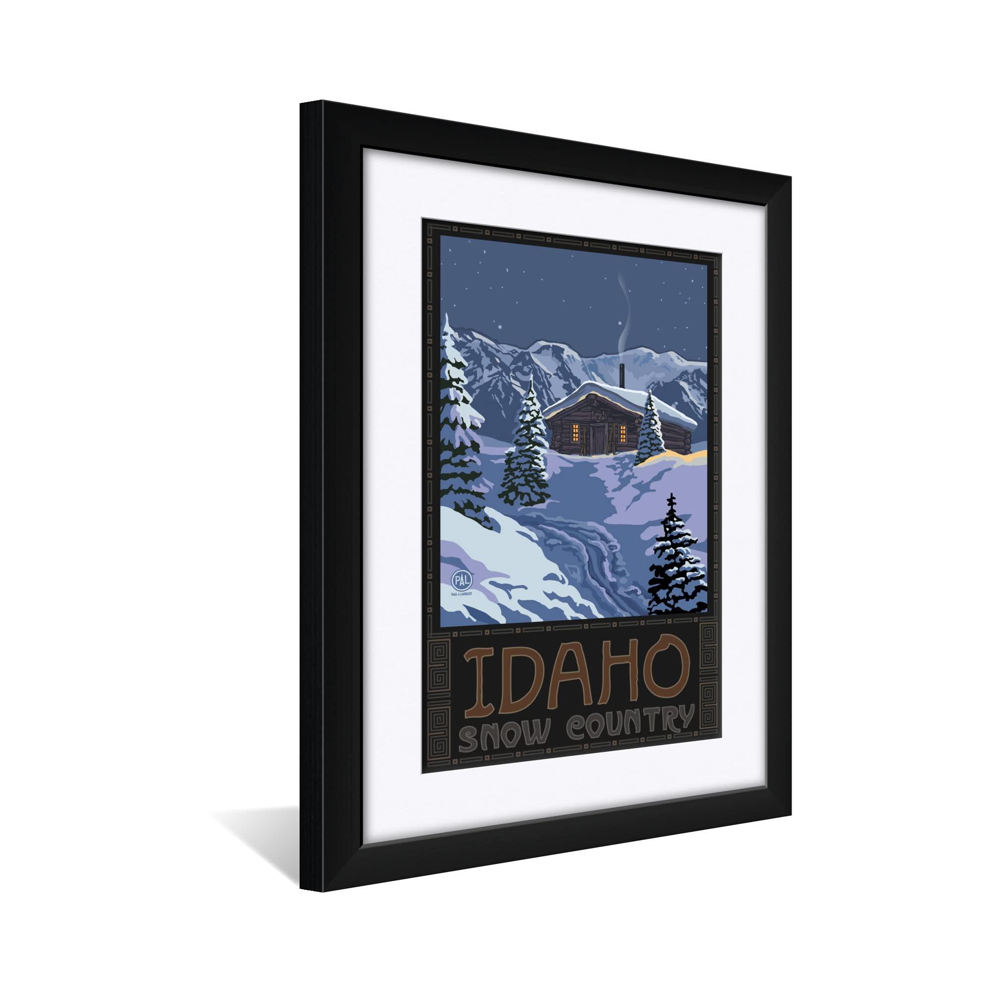 Northwest Art Mall Idaho Snow Country Winter Mountain Cabin Professionally Framed & Matted Art Print from Travel Artwork by Artist Paul A. Lanquist Framed Art Size: 18\" x 24\"