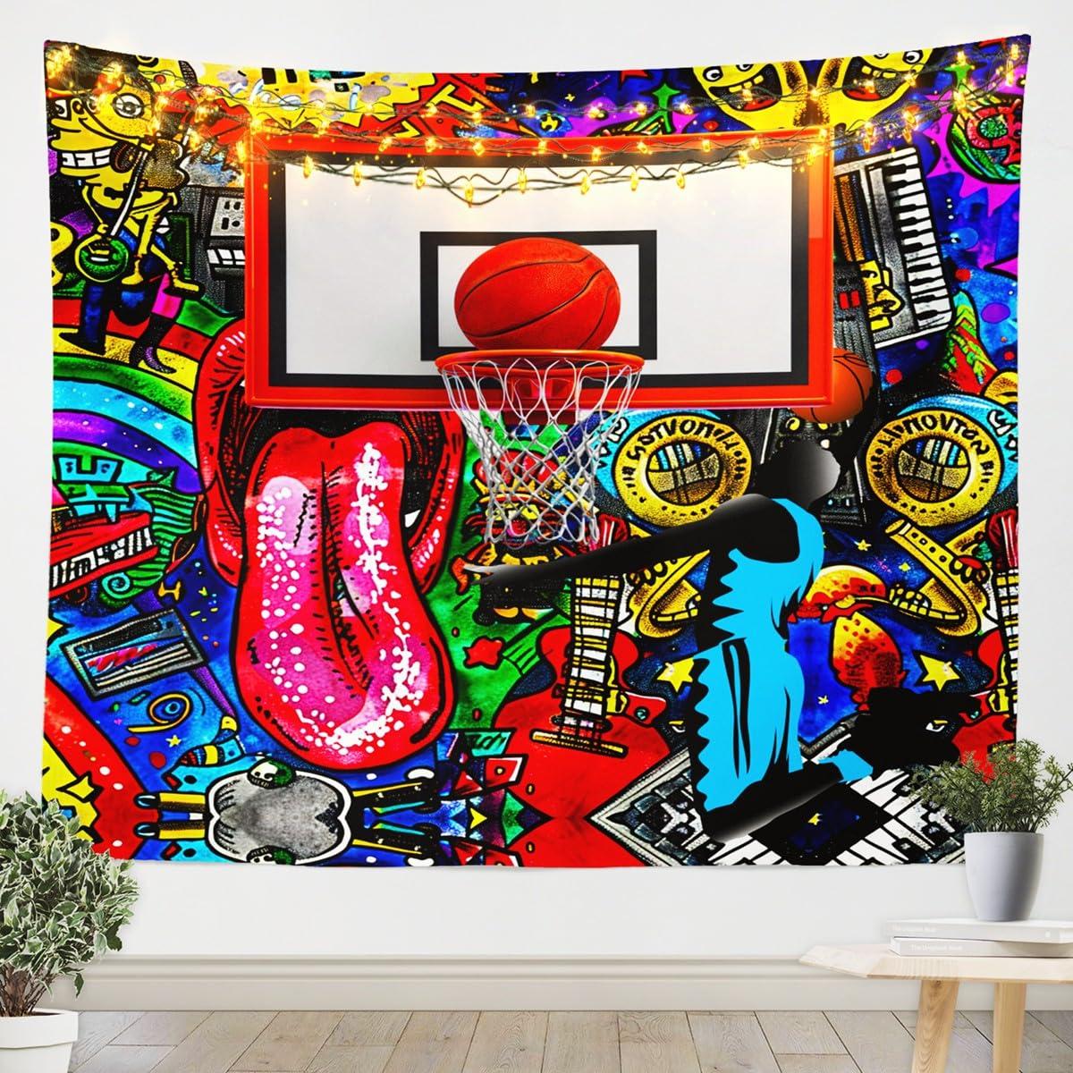 Castle Fairy Basketball Tapestries Sports Gaming Tapestry Colorful Graffiti Wall Hanging Art Bedroom Aesthetic Funny Tapestries for Men Boys Living Room College Dorm 59.1x59.1