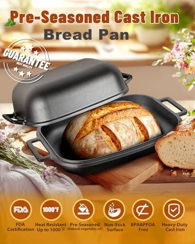 Sxmprail Cloche Loaf Dutch Oven, Pre-Seasoned, 9.5QT, 13 LBS Heavy Duty, Non-Stick, Large Bread Loaf Pan, Oval Cast Iron Bread Pan With Lid, Cloche Homemade Loaf Pan, Sourdough Artisan Bread Baking Pan