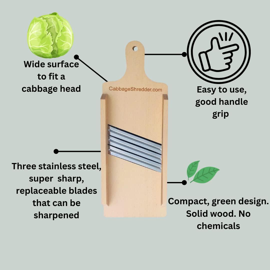 CabbageShredder.com Cabbage Shredder & Vegetable Slicer for Food Preparation, Sauerkraut, Coleslaw, Salads. Compact Size. Solid Wood. Thin Slices. Three Blades!