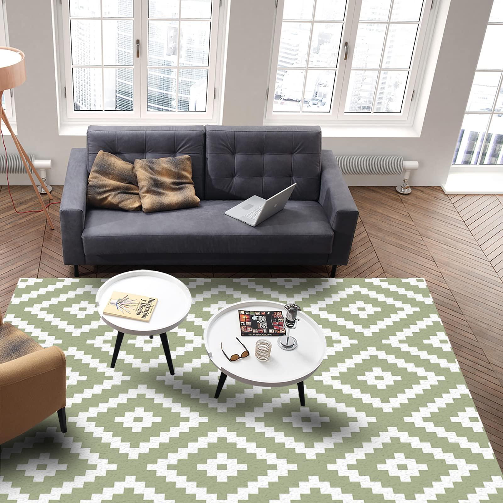 Debedcor Sage Green Geometric Area Rug for Living Room, Rectangular Indoor Carpet - 2'7" x 5', White Block Modern Abstract Art Non-Skid Bathroom Mat Kitchen Runner Rugs for Bedroom
