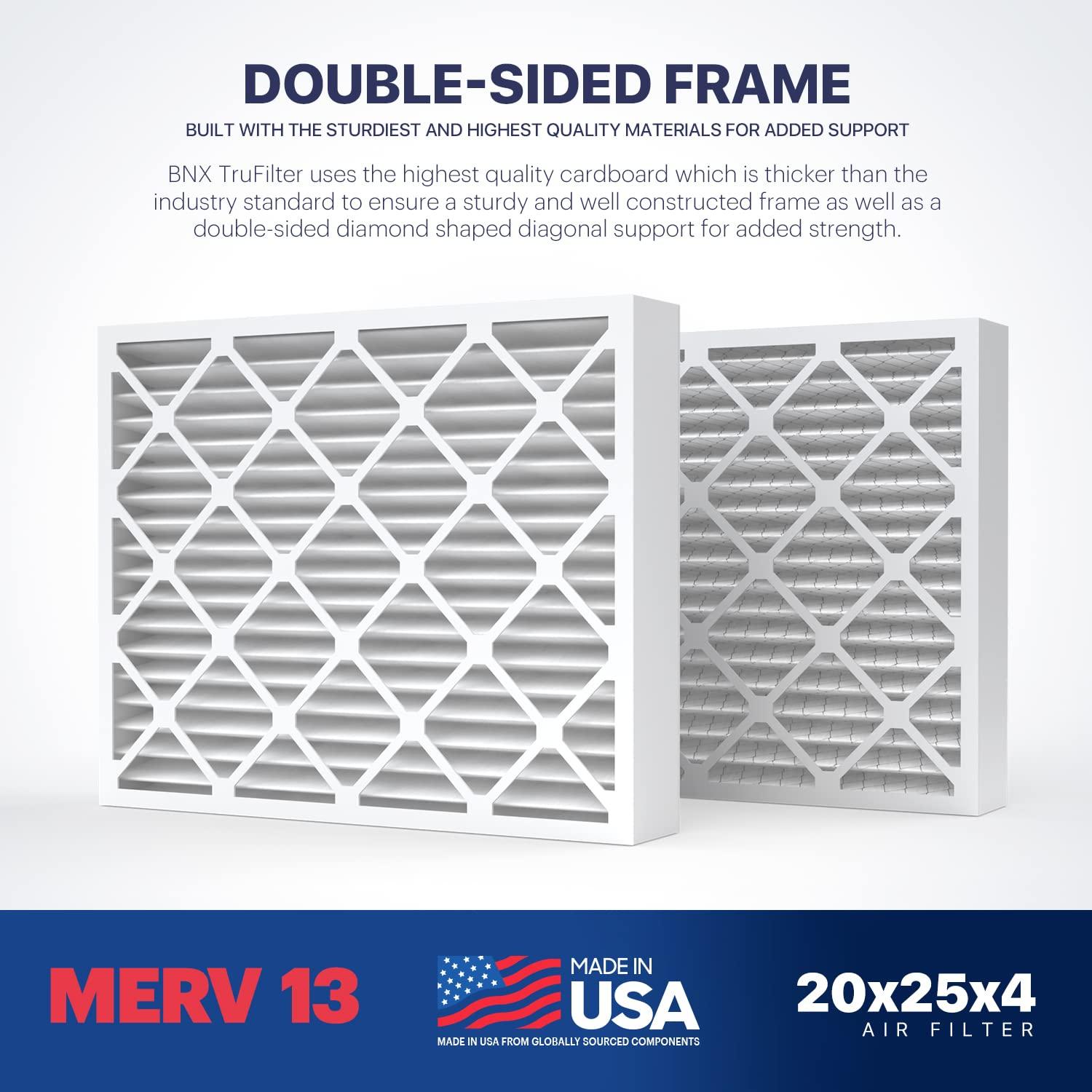 BNX BNX TruFilter 20x25x4 (19.5 x 24.5 x 3.63 Slim Fit) MERV 13 Air Filter (2-Pack) - MADE IN USA - Air Conditioner HVAC AC Furnace Filters Health, Allergies, Mold, Bacteria, Smoke, MPR 1900 FPR 10