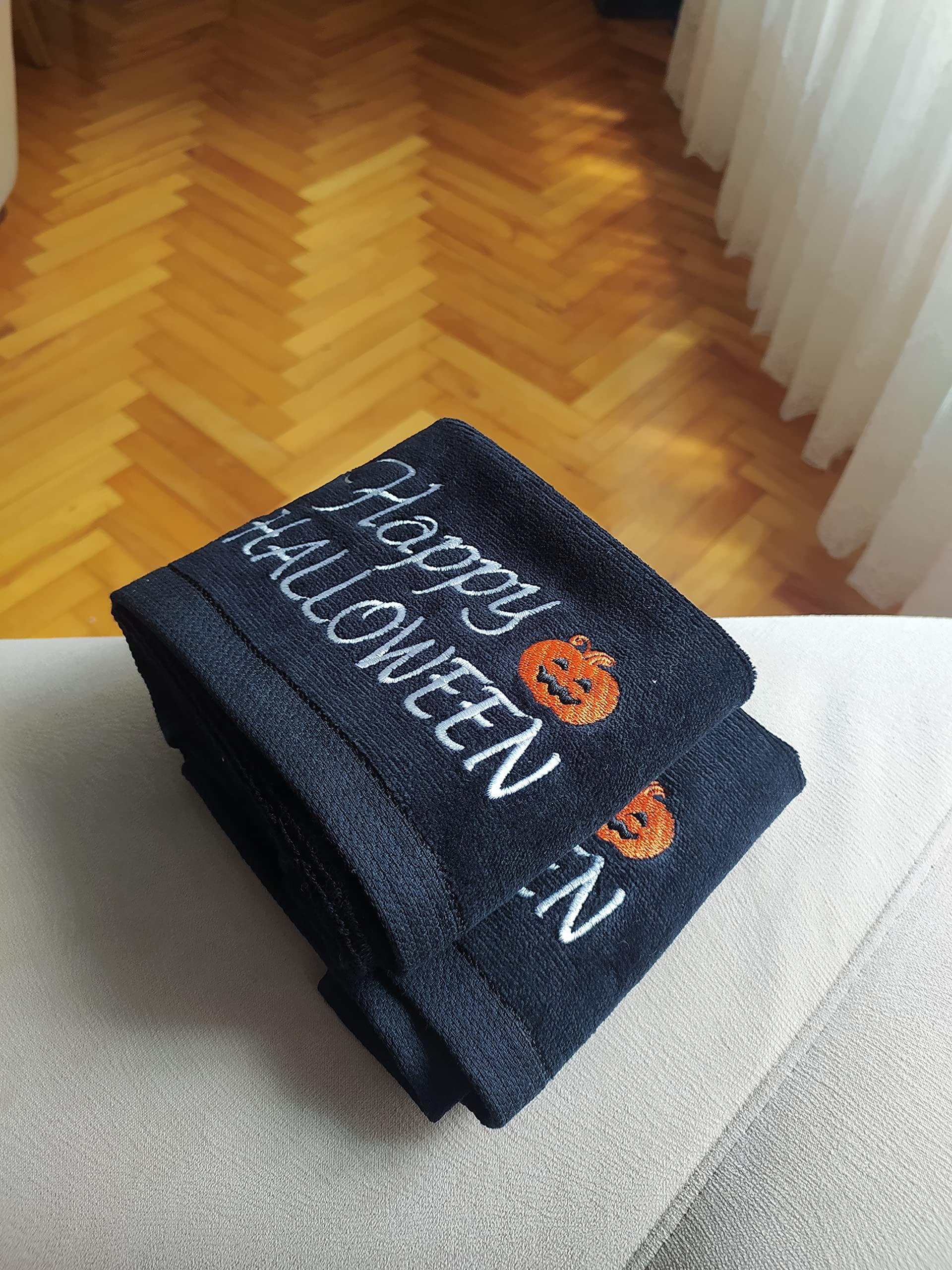 Towland Ticaret 2 Pack Happy Halloween Hand Towels, 100% Soft Cotton, Basket Stuffers, (12X20 Inches) Decor Hand Towels Gift Packed, Decorative Hand Towels, Ideal for Kitchen and Bathroom Use (Orange, 2)