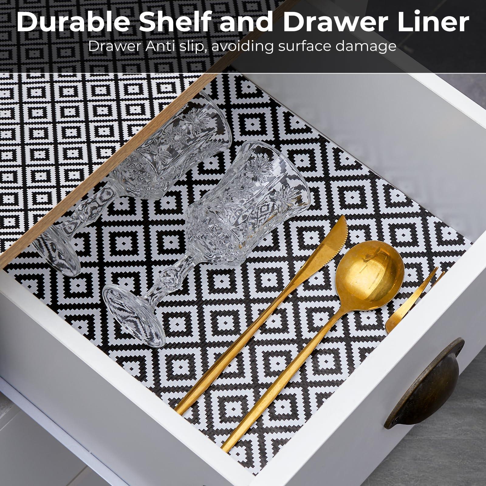 Coavas COAVAS Shelf Liner for Kitchen Cabinets Non Adhesive, Kitchen Drawer Liners Non Slip, Easy to Clean Shelf Paper, Cabinet Liners for Shelves, Dresser, Drawers, Black Rhombic, 12 in X 10 FT
