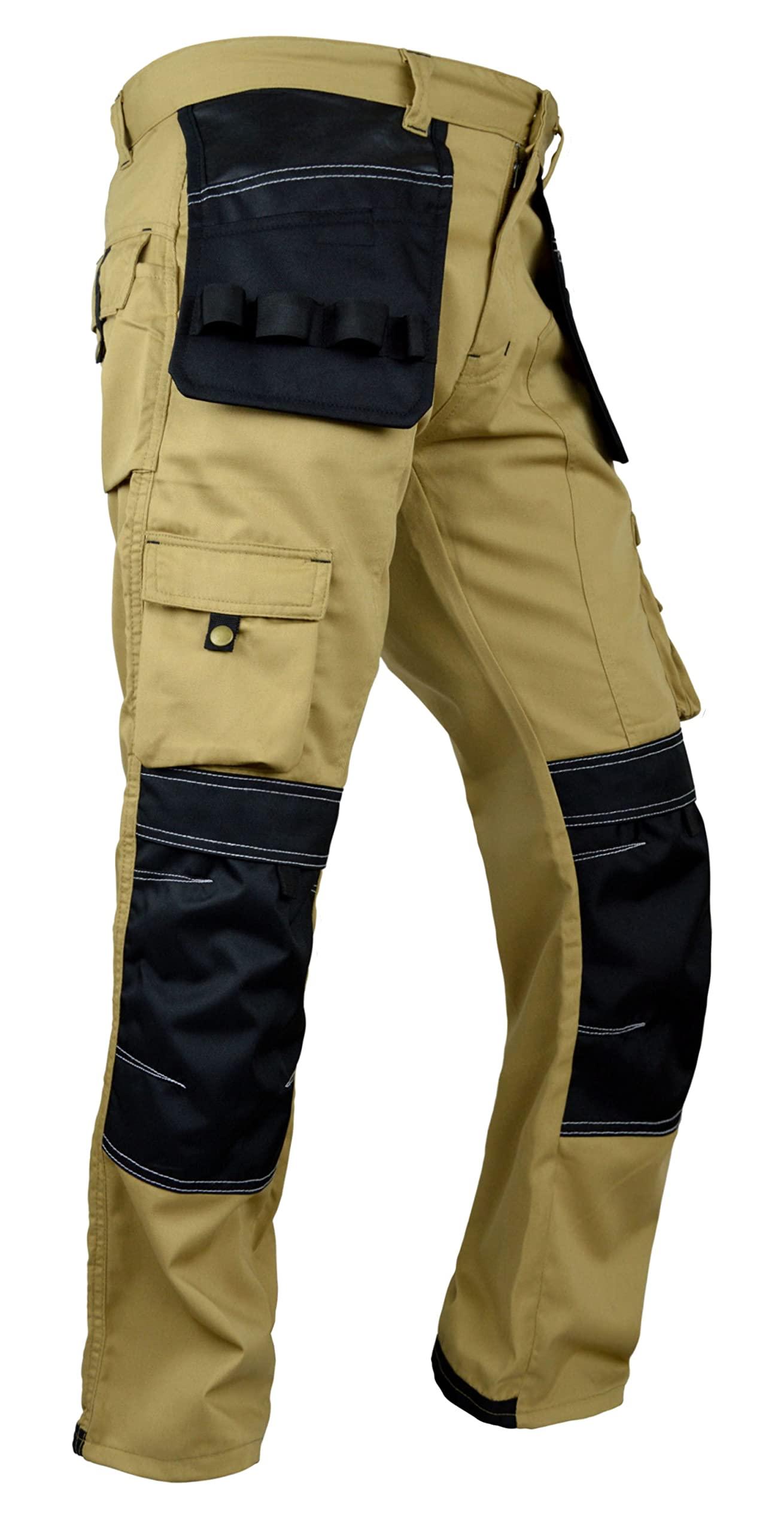 FASHIO FF FASHIO FF Men\'s Cordura Work Pants Tactical Trousers with Utility Tool Pockets Heavy Duty Reinforced Carpenter Safety Pants S1 Khaki W38-L34