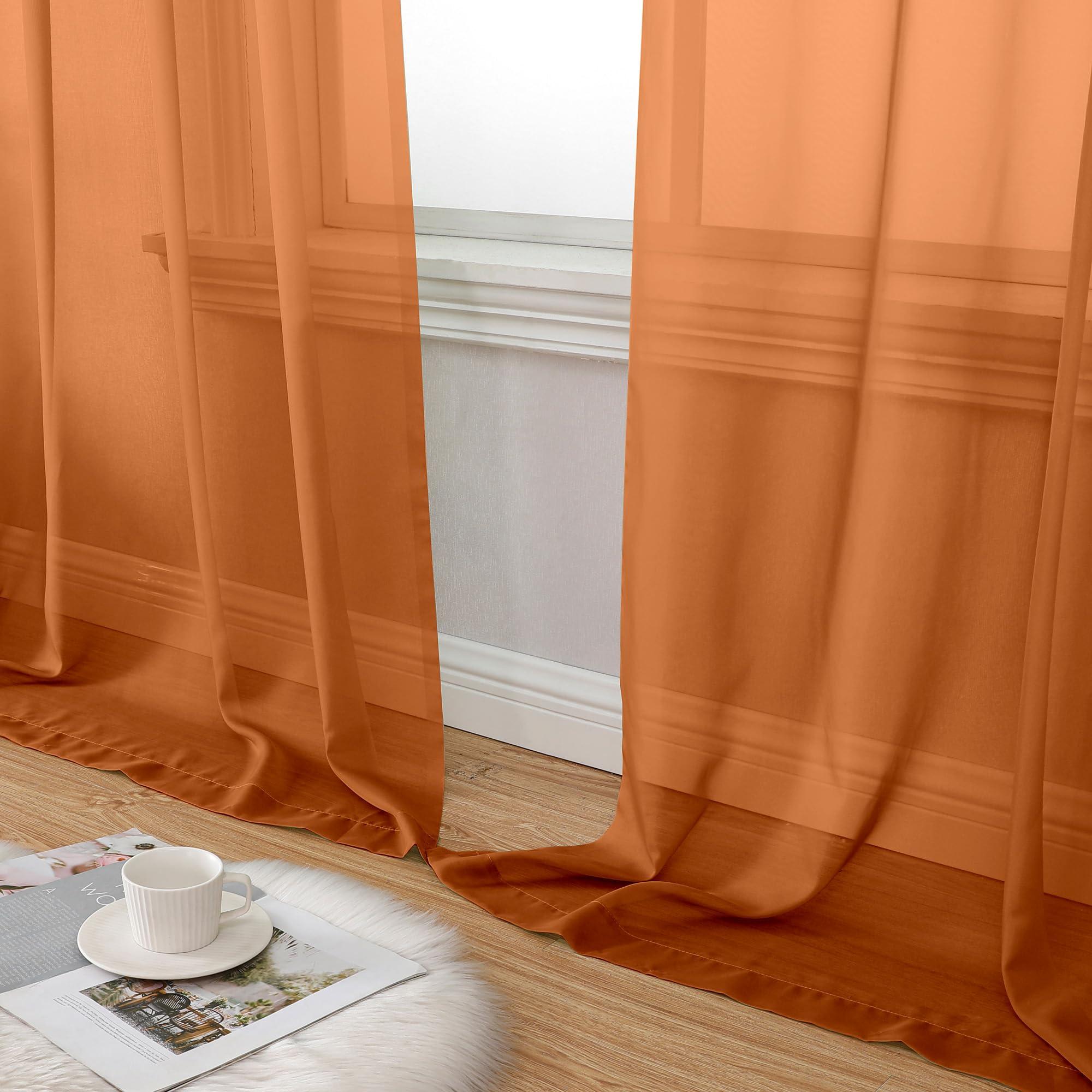 Aiyufeng Aiyufeng Orange Sheer Curtains 90 Inches Long 2 Panels Set, Light Filtering Soft Airy Voile Rod Pocket Orange Sheer Window Drapes for Bedroom Living Room, Each 42Wx90L Inches