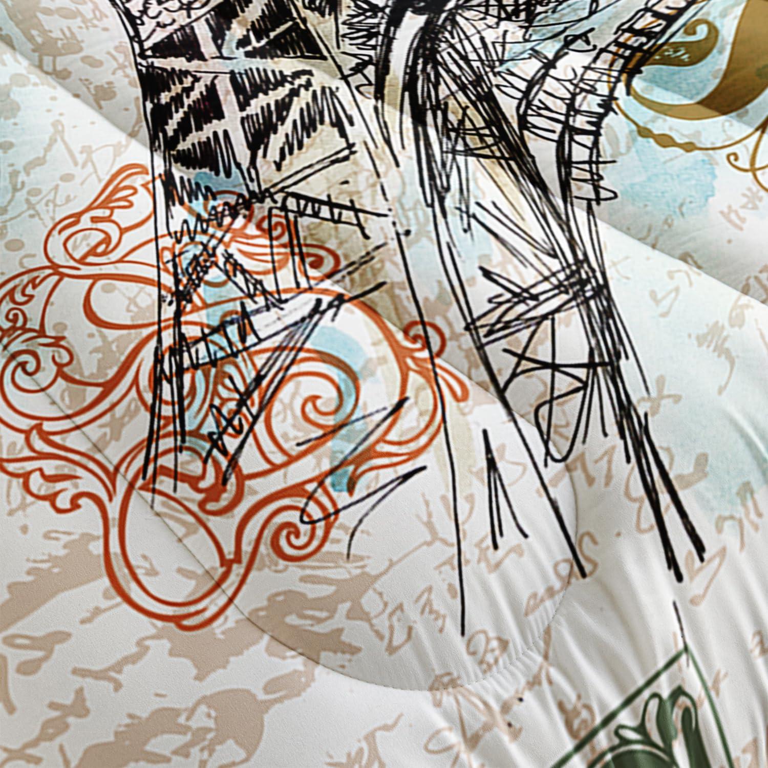 Nttopship Nttopship Romantic Eiffel Tower Comforter Set Queen Size for Kids and Adults 3Pcs,Retro Style Eiffel and Flowers Bedding Set Soft Comfoter for All Season Child Room Decor