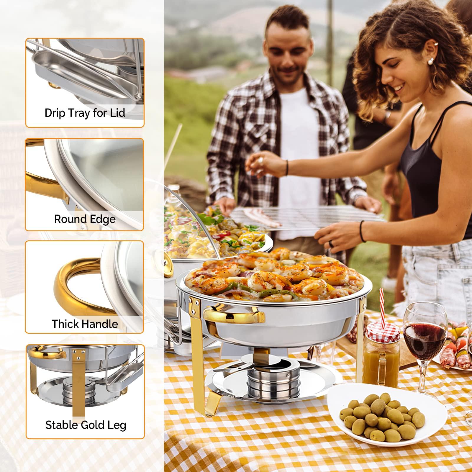 ROVSUN ROVSUN 5QT 6 Packs Chafing Dish Buffet Set Gold Accent, Round NSF Stainless Steel Buffet Warmer Chafers and Buffet Warmers Sets with Glass Lid & Lid Holder for Catering Events Parties Weddings Dinners