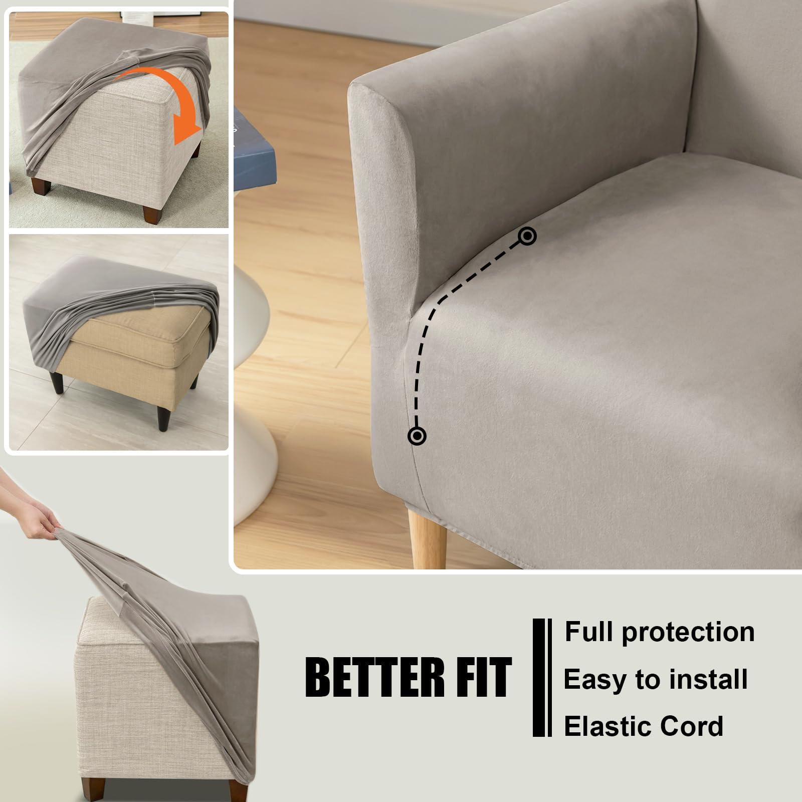 UNBBRRL UNBBRRL Chair and Ottoman Slipcover Set, Stretch Velvet Chair and Ottoman Cover, Banquet Armchair Covers for Living Room (Light Gray,Chair+ Seat+ Rec Ottm)