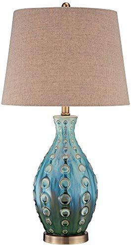 360 Lighting 360 Lighting Mid Century Modern Vase-Shaped Table Lamp 26.5" High Textured Glaze Teal Green Hand-Made Ceramic Tan Linen Drum Shade for Living Room Bedroom House Bedside Home (Color May Vary)