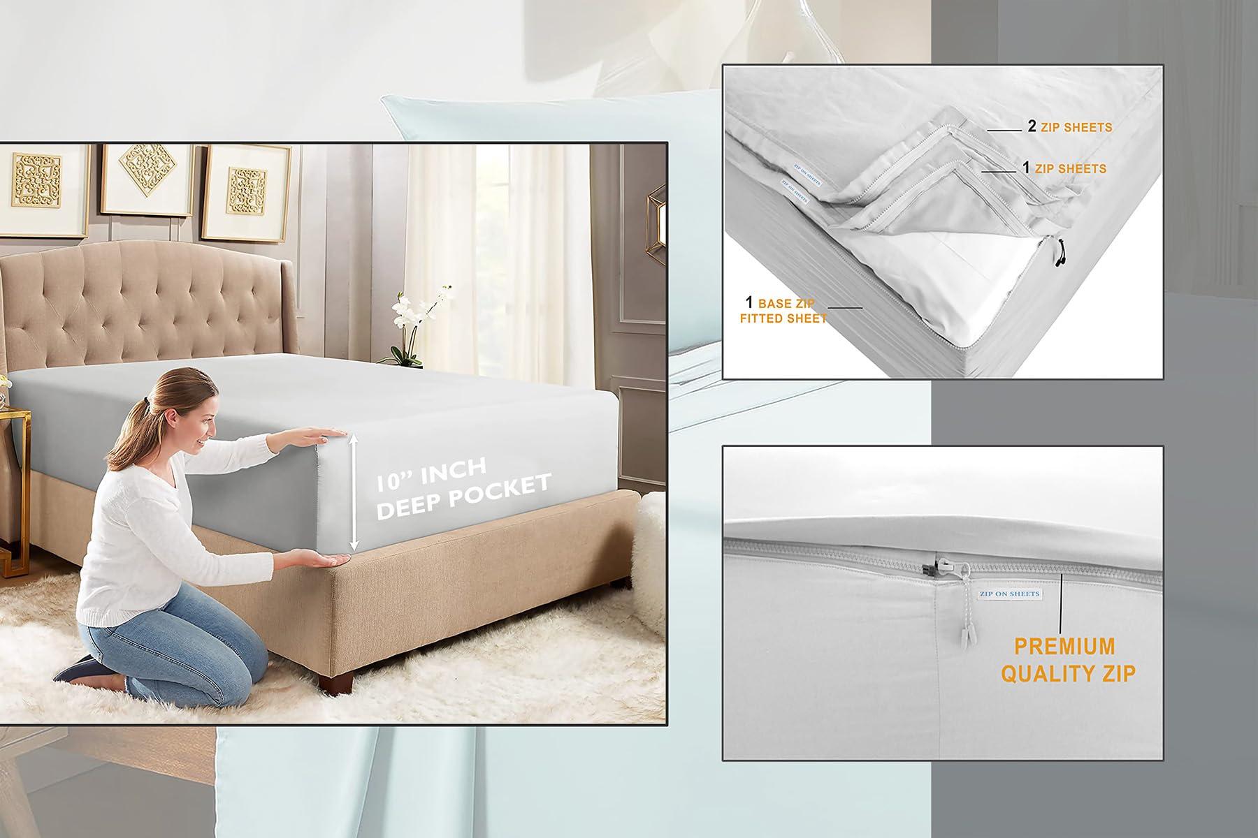 PURE ECO Zip On Fitted Sheet Cal King (72X84) + 10 Inch Deep Pockets - Includes 2 Zip-On Sheets & 1 Fitted Sheet Base - Cal King Size Zipper Fitted Sheets - Soft Cotton 600 TC Fitted Sheet - White