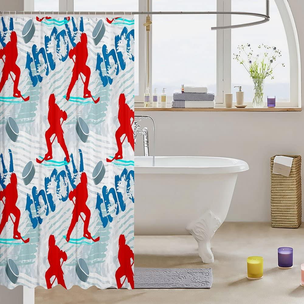 Homewish Ice Hockey Kids Shower Curtains,Winter Event Ball Sport Game Bathroom Curtains for Boys Adults,Athlete Silhouette Graffiti Red Blue Stylish Waterproof Curtains for Bathtub,12 Hooks Suits,72\"W x 78\"L