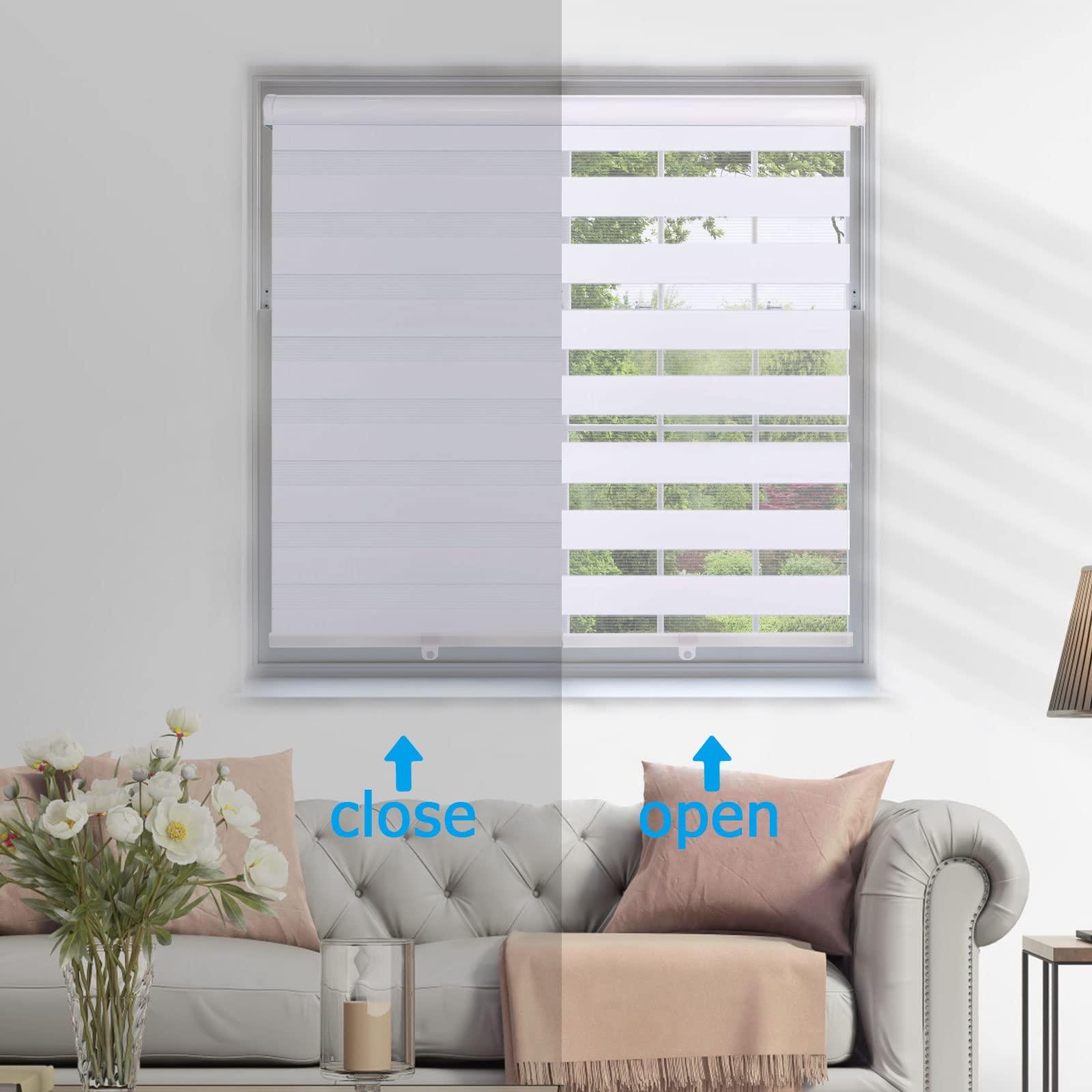 getopblinds Cordless Zebra Roller Blinds, Custom Size Dual Layer Sheer Pricacy Light Control Day and Night Roller Shades, Window Blinds and Shades for Room Darkening, Easy to Install,White, 30 1/2" W x 60" H