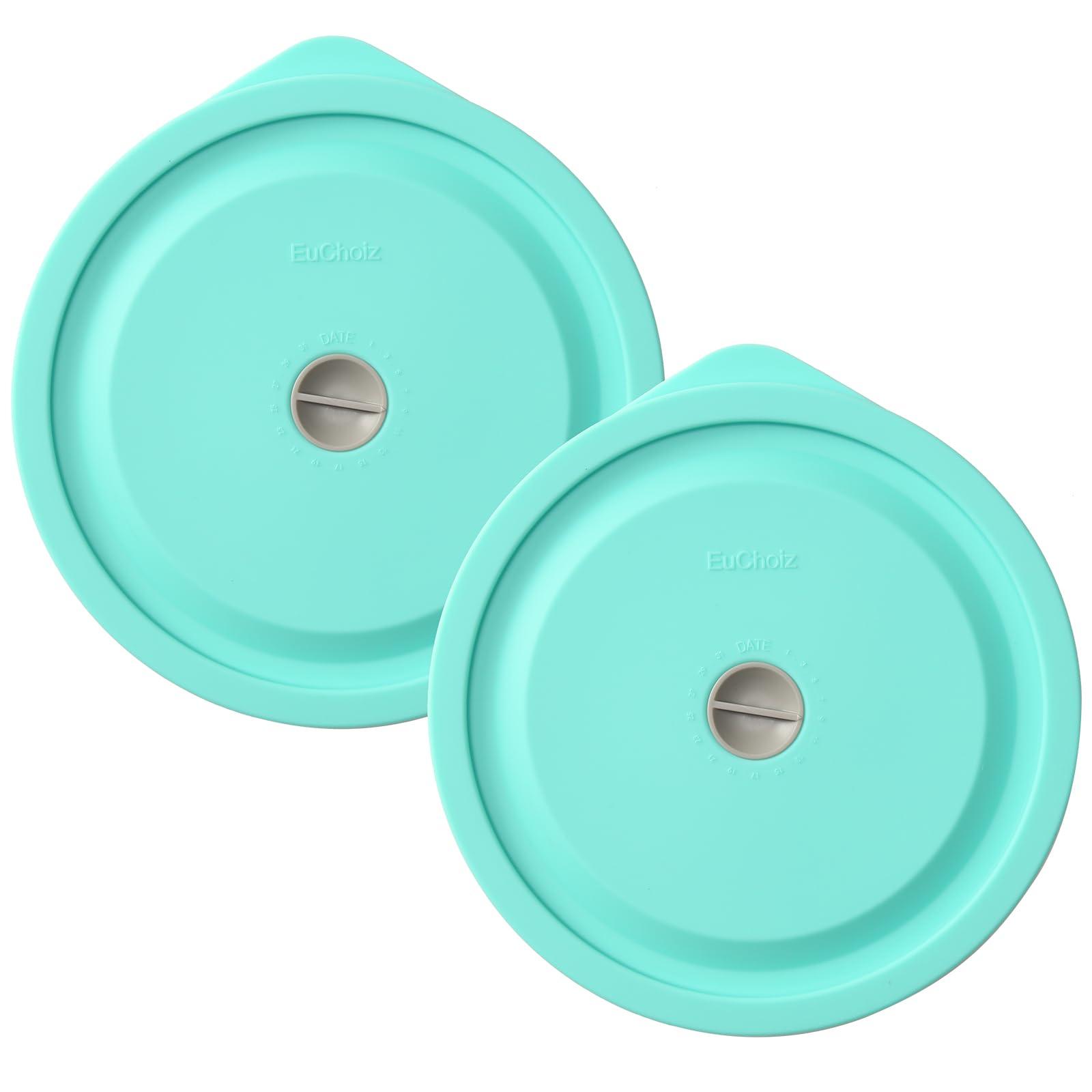 EuChoiz Replacement Lids for Pyrex 7201-PC 4 Cup, Silicone Round Storage Cover Lid for Anchor Hocking Glass Bowl 2 Pack with Date Mark Turquoise