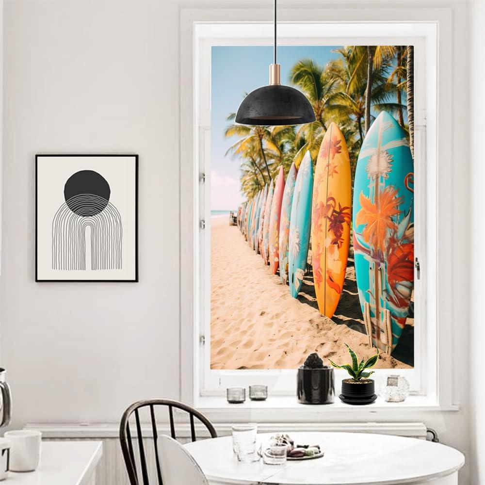 SOPIYRIO SOPIYRIO Beach Surfboards Stained Glass Window Film Tropical Palm Trees Summer View Privacy Window Film Non-Adhesive Glass Film Decorative Static Cling Film for Home Office 31.5Wx47.2L inch