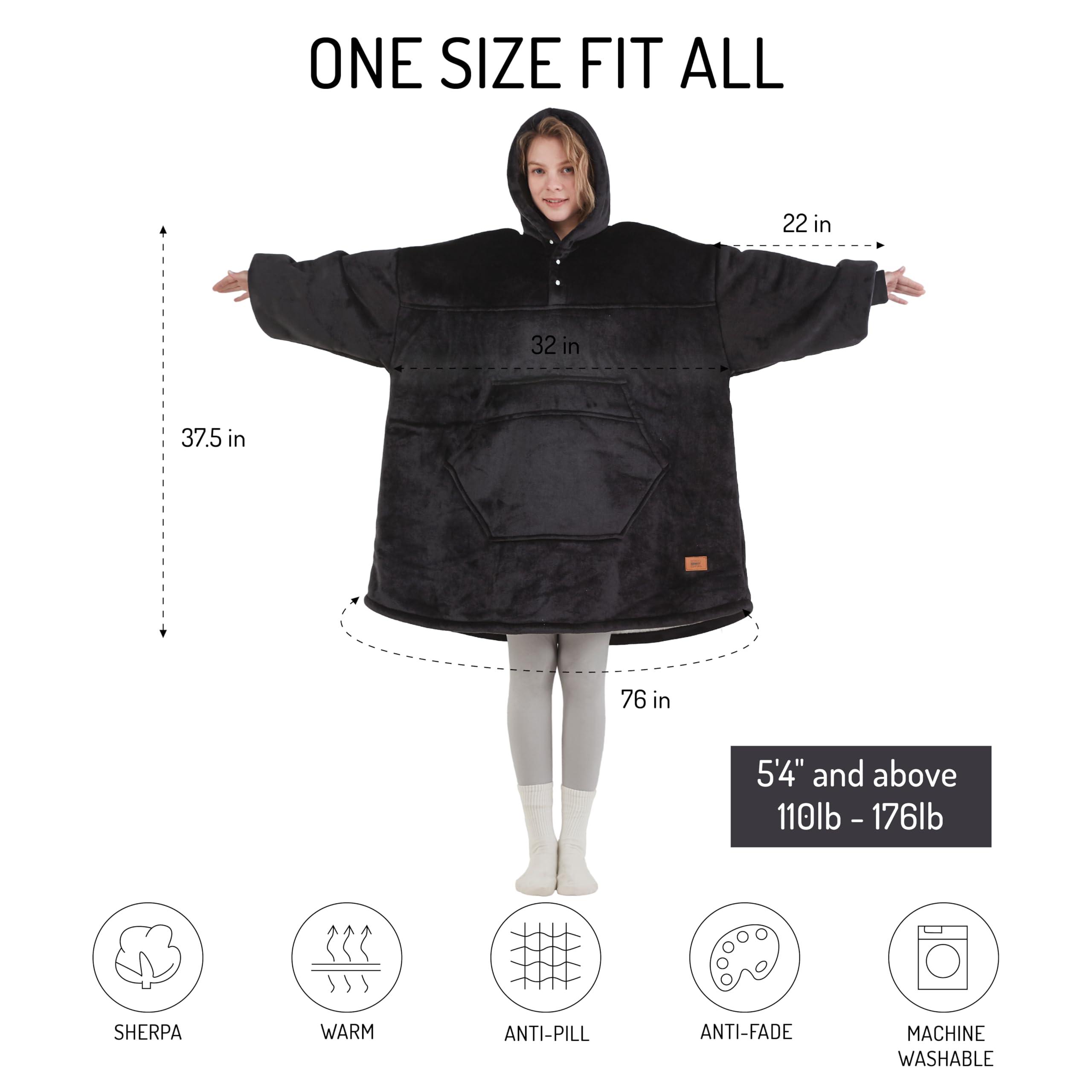 Degrees of Comfort Degrees of Comfort Wearable Blanket Hoodie, Oversized Sherpa Hooded Blankets Sweatshirt - Gifts for Women and Men - 38x32 inch Adult Size, Black