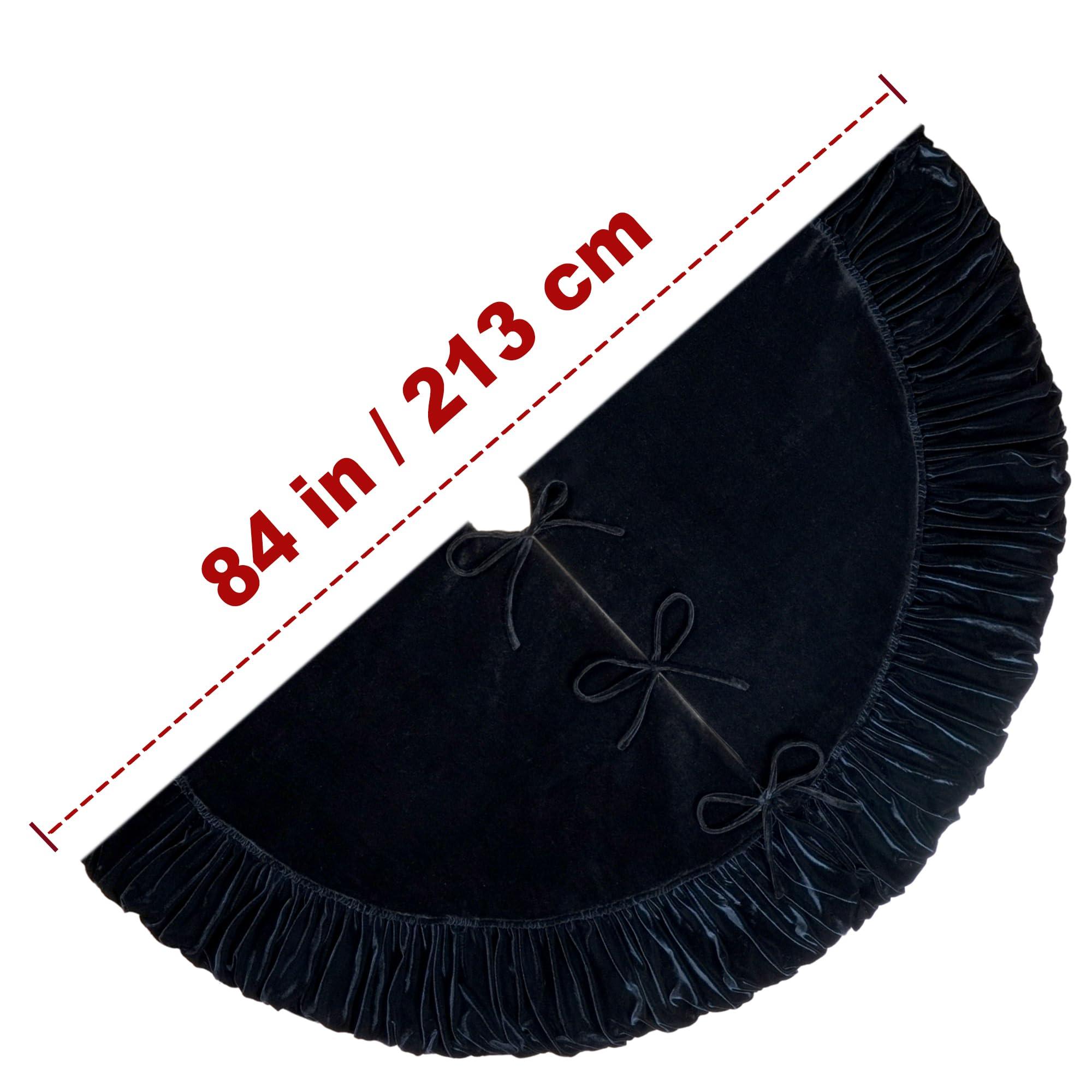 Starry Dynamo 84-Inch Ruffled Velvet Christmas Tree Skirt, Thick Foam-Lined Heavy Duty Fabric with Plush Lace Ties, Black