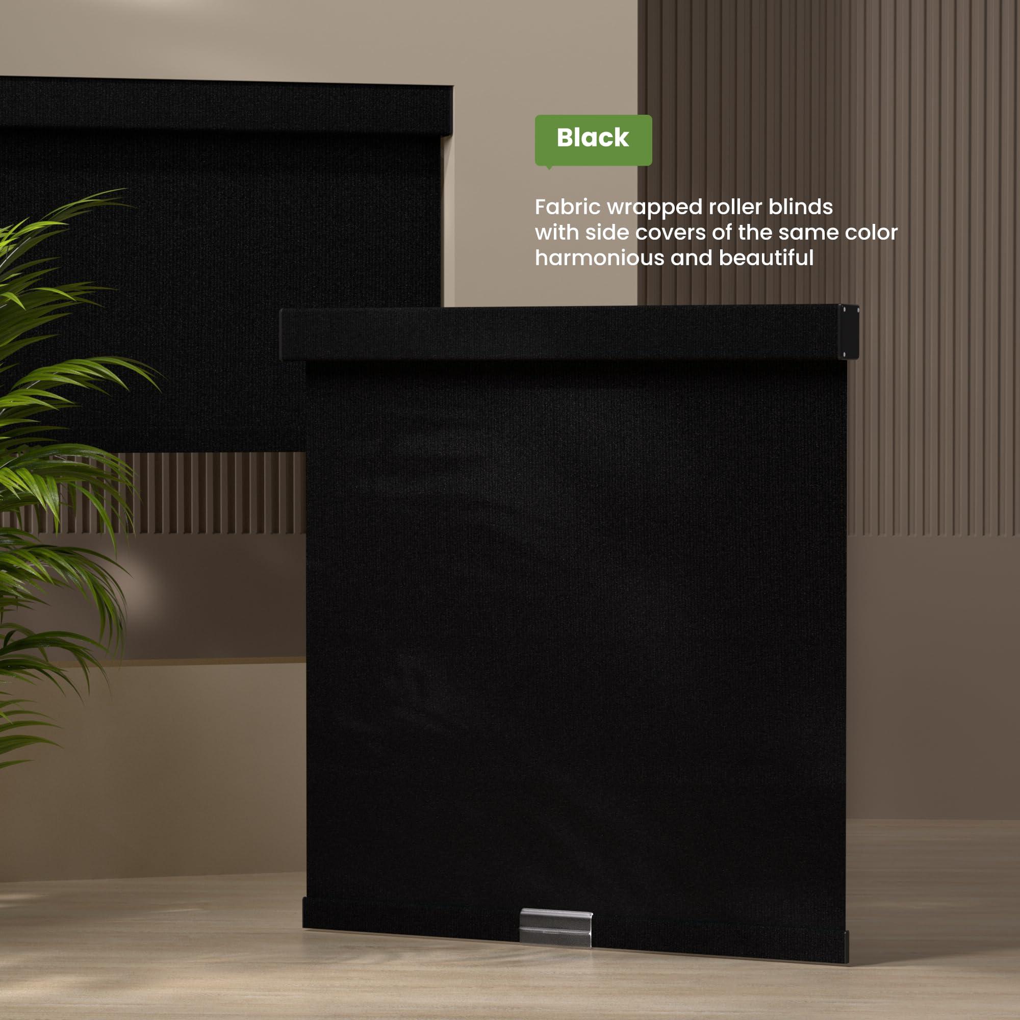 HOTSOON HOTSOON Blackout Linen Roller Shades for Windows Cordless Room Darkening Roller Blinds Easy to Install with Cassette Valance Black Out Window Shades for Home Office Living Room Black,81" W x 48" H