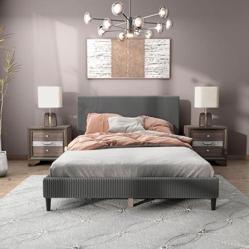 HOMES: Inside + Out HOMES: Inside + Out Lysandra Modern Bed Frame Queen Size with Upholstered Headboard and Corduroy Fabric Cover, No Box Spring Needed for Bedroom, Guest Room, Dark Gray