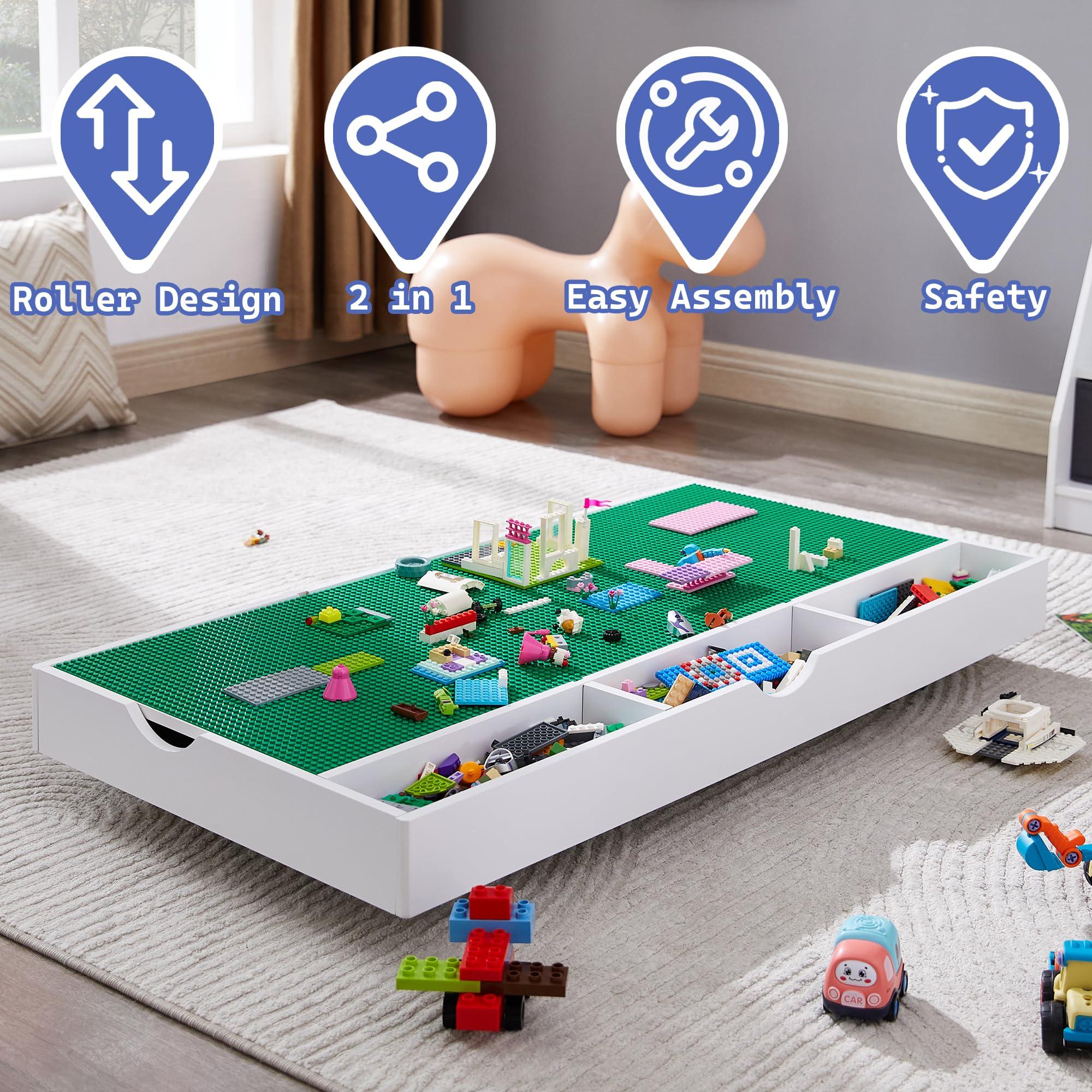 GABHX 2 in 1 Construction Play Table Compatible with Lego, Game Table with Block Board and Train Car, Rolling Game Table with Locking Wheels and Storage Space, Suitable for Storing Under Bed or Sofa (White)