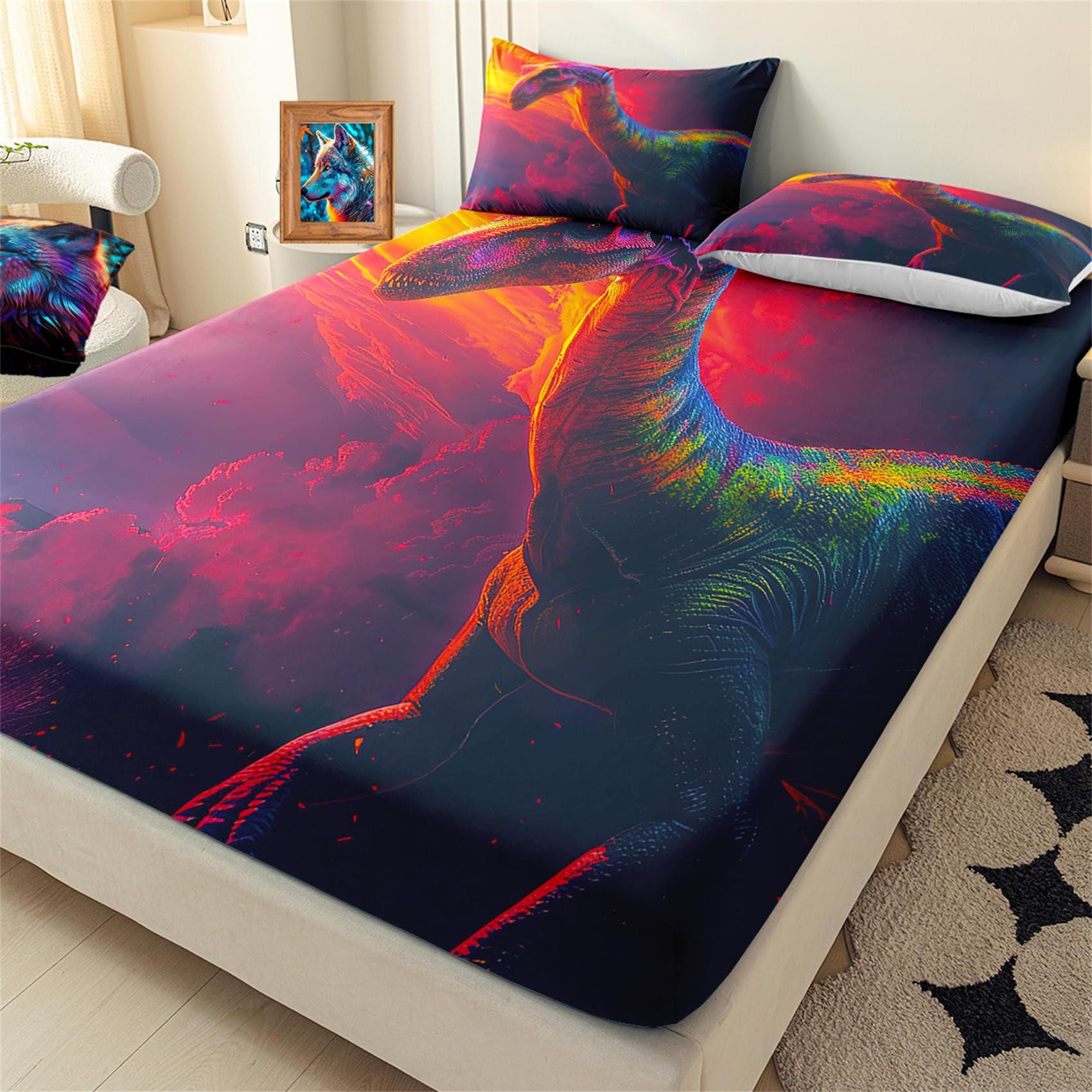 Kossmjx Dinosaur Sheet Set Queen - 4Pcs Boys Dinosaur Queen Size Bedding Set Nightfall Cartoon Dinosaur Bed Sheet with 1 Fitted Sheet & 1 Flat Sheet + 2 Pillowcases Toddler Bed Sheets for Boys Kids Bedroom