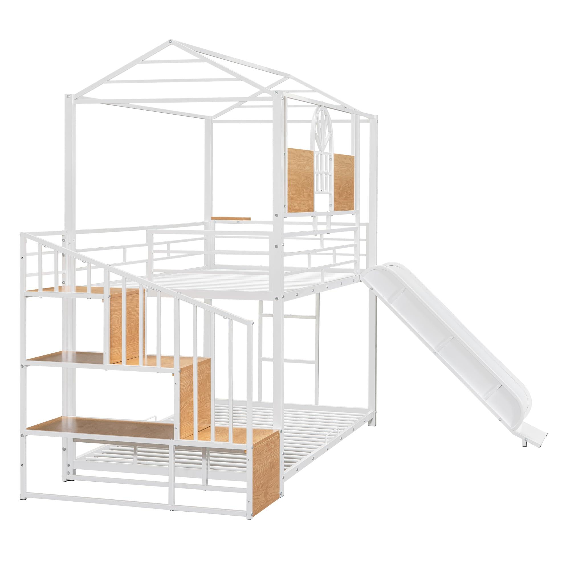 SOFTSEA SOFTSEA Metal Bunk Bed Twin Over Twin House bed with Slide and Storage Stair, for Kids Teens Bedroom, White with White Slide