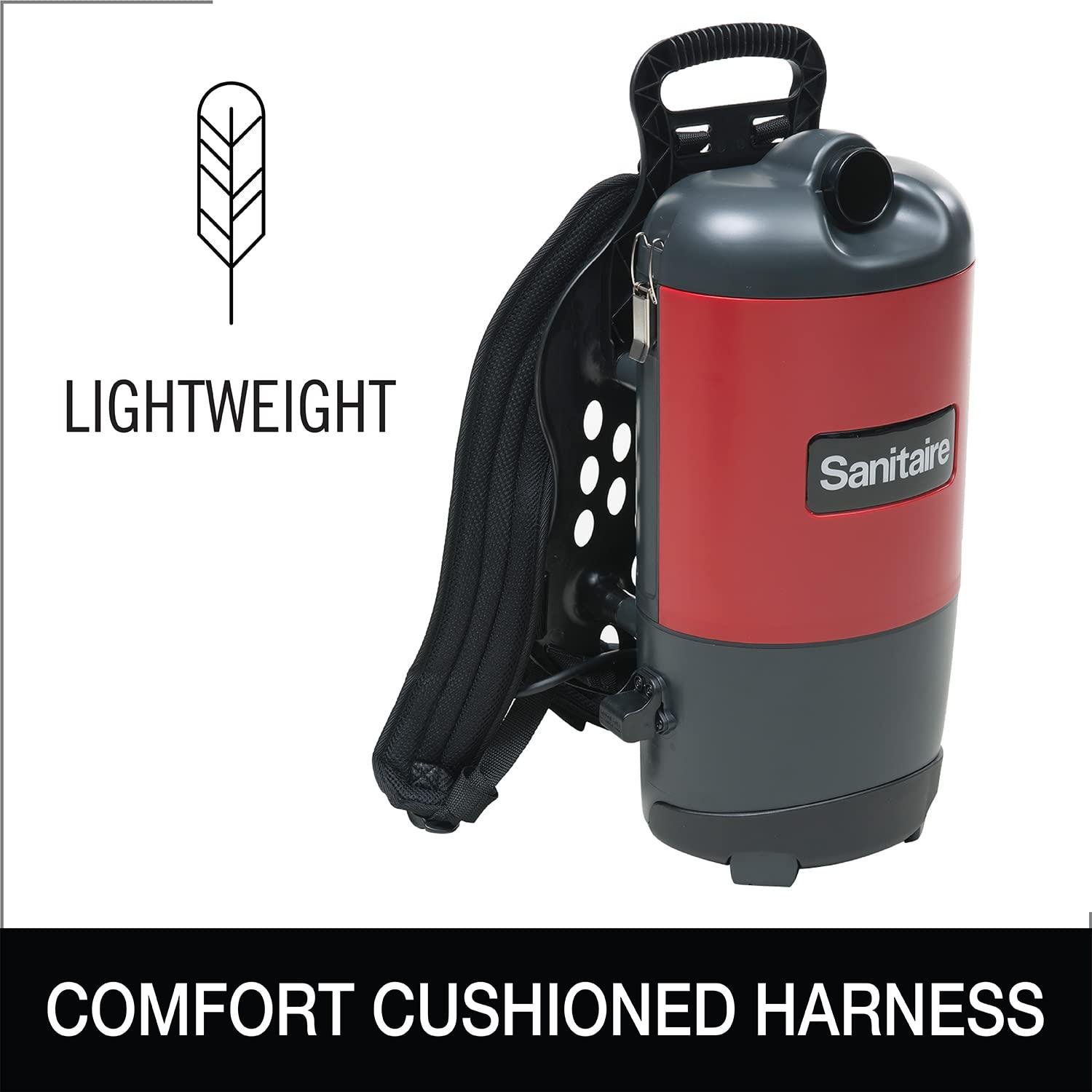 Sanitaire Sanitaire EURSC412B Quiet Clean Backpack Lightweight Vacuum, 8.5 Amps Power, 21\" Length x 10-1/2\" Width x 10-1/2\" Height, Black/Red,Chrome