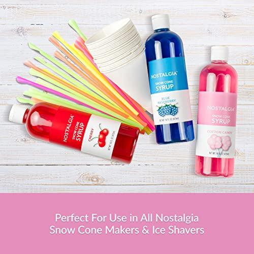 Nostalgia Nostalgia Premium Snow Cone Party Kit, 3 Syrups, Blue Raspberry, Cherry, Cotton Candy, 20 Cups & Spoon Straws