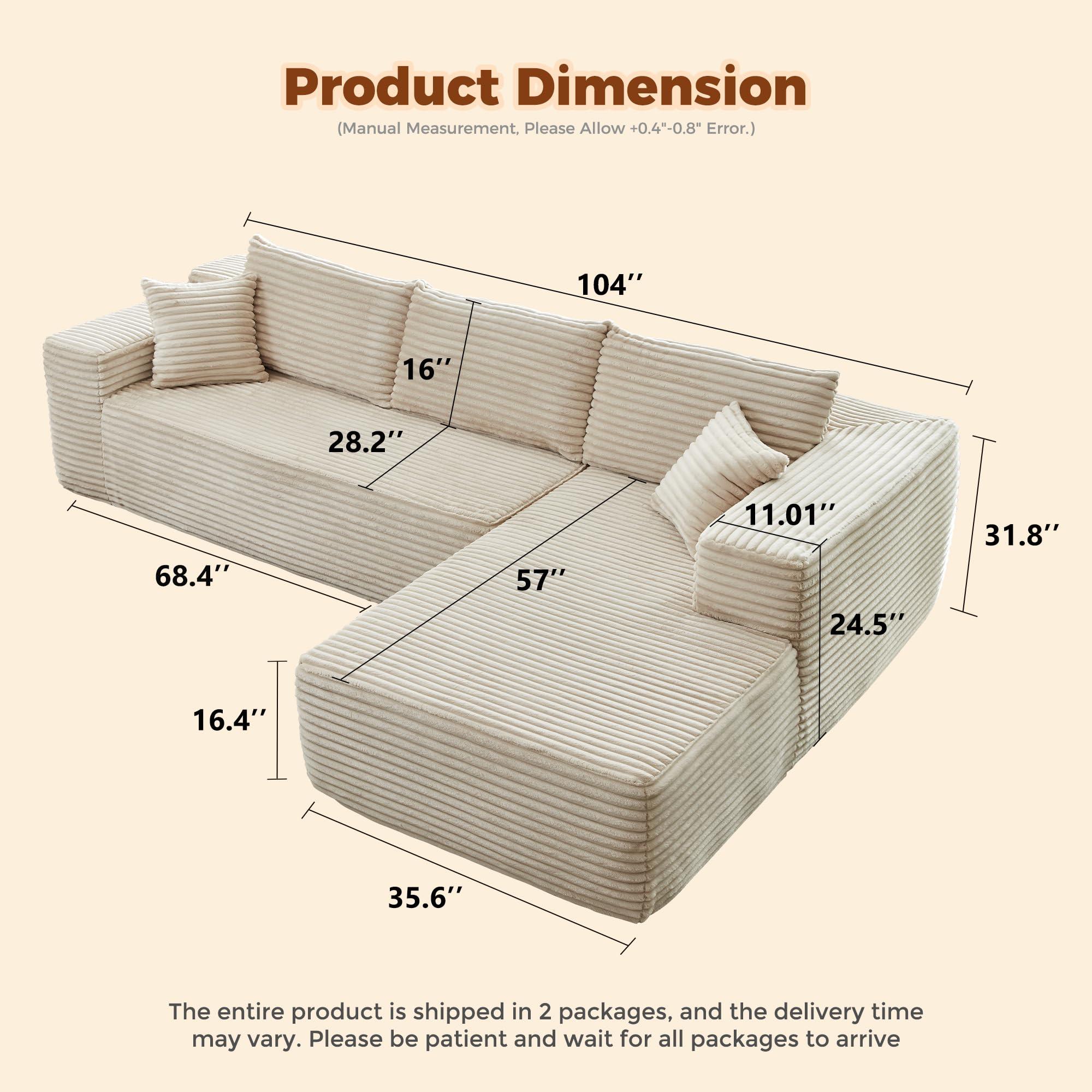OOBOLT 104" Cloud Couch Deep Seat, L Shape Couches for Living Room, No Assembly Required, Sectional Sofas with Right Chaise, Beige Plush Velvet
