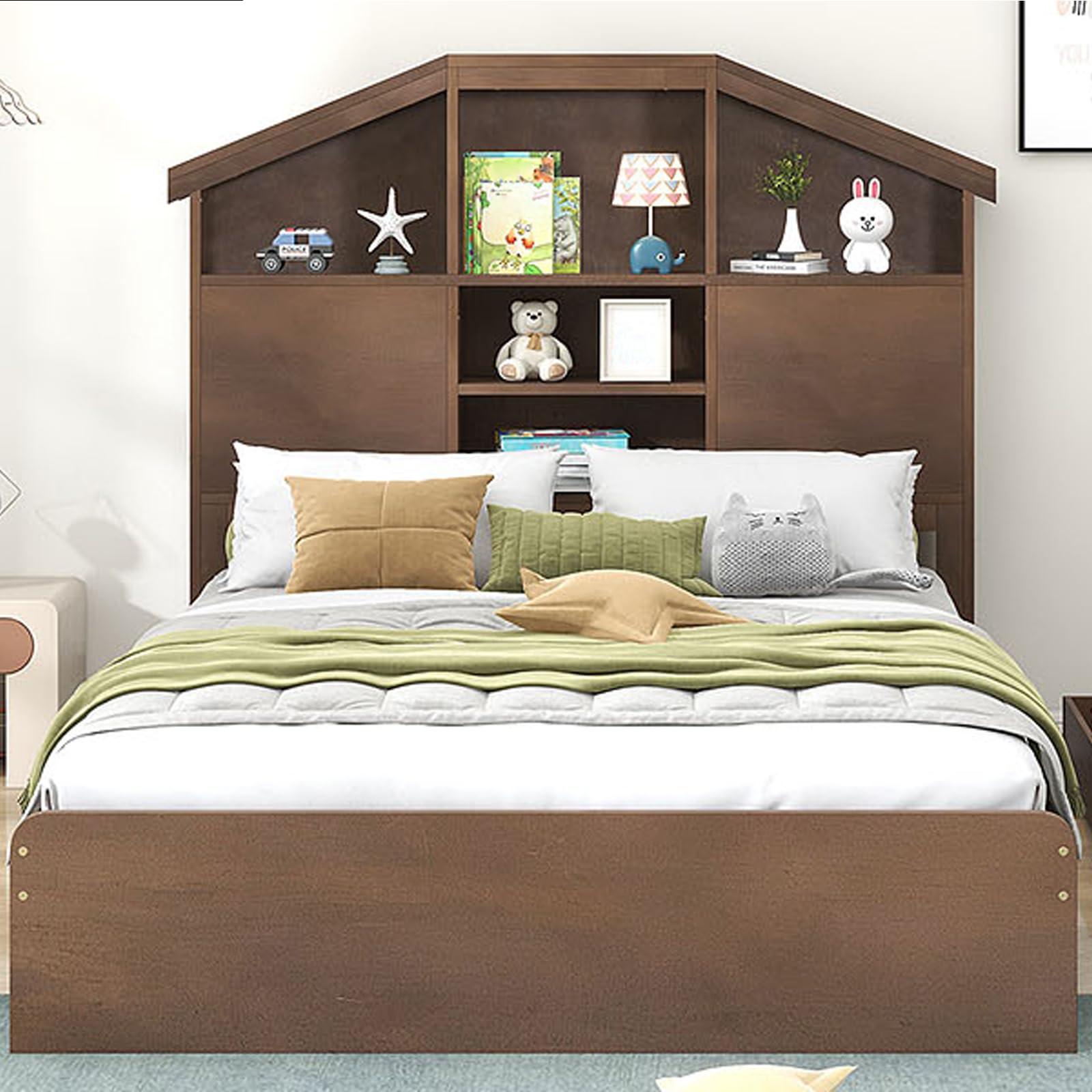 EastVita EastVita Twin Size Platform Bed with Storage Headboard and 2 Drawers, Wood Twin Bed Frame with House-Shaped Headboard, No Box Spring Needed