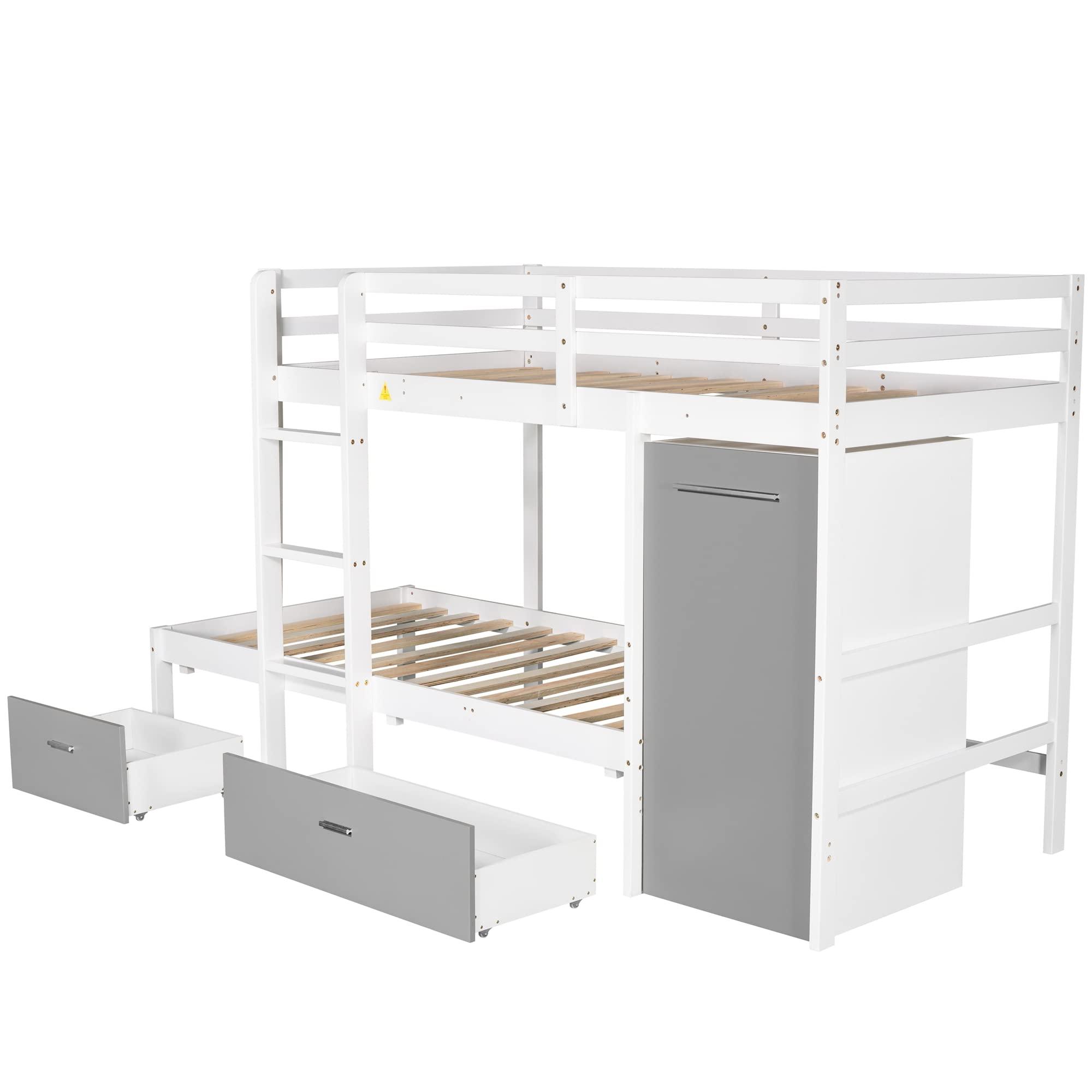 XIONGGG Twin Over Twin Bunk Bed with Built-in Storage Wardrobe and Two Drawers, Convertible Design, Solid Wood Bunk Bed for Kids, Teens