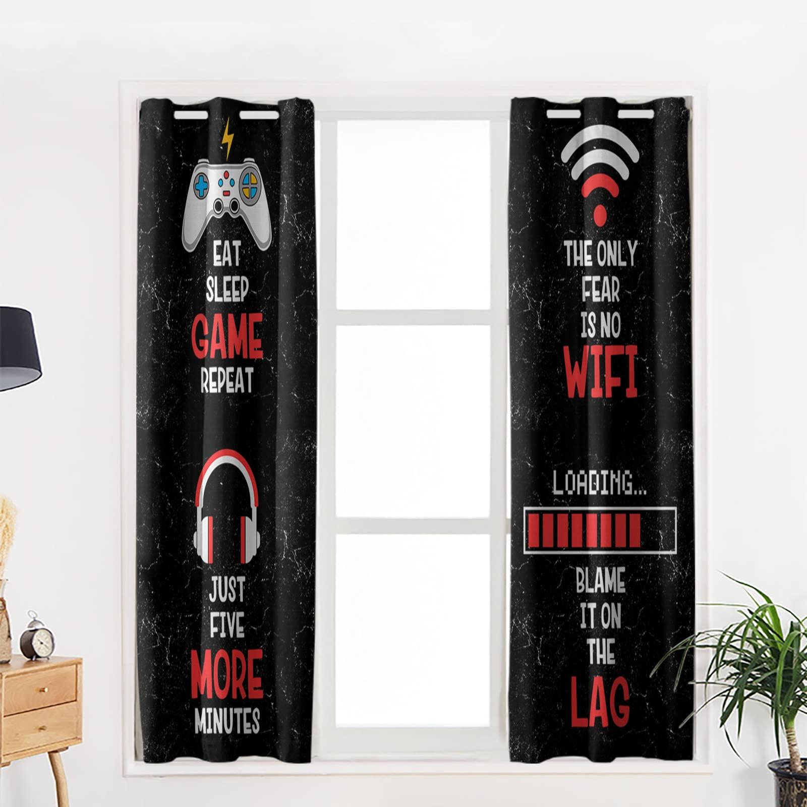 BOBOWUNY Video Game Art Funny Quotes Blackout Curtains 54 Inches Length, Games Gamer Gamepad Earphone Waiting to Load Black Window Treatment Thermal Insulated for Bedroom Living Room 2 Panels 104x54 Inches