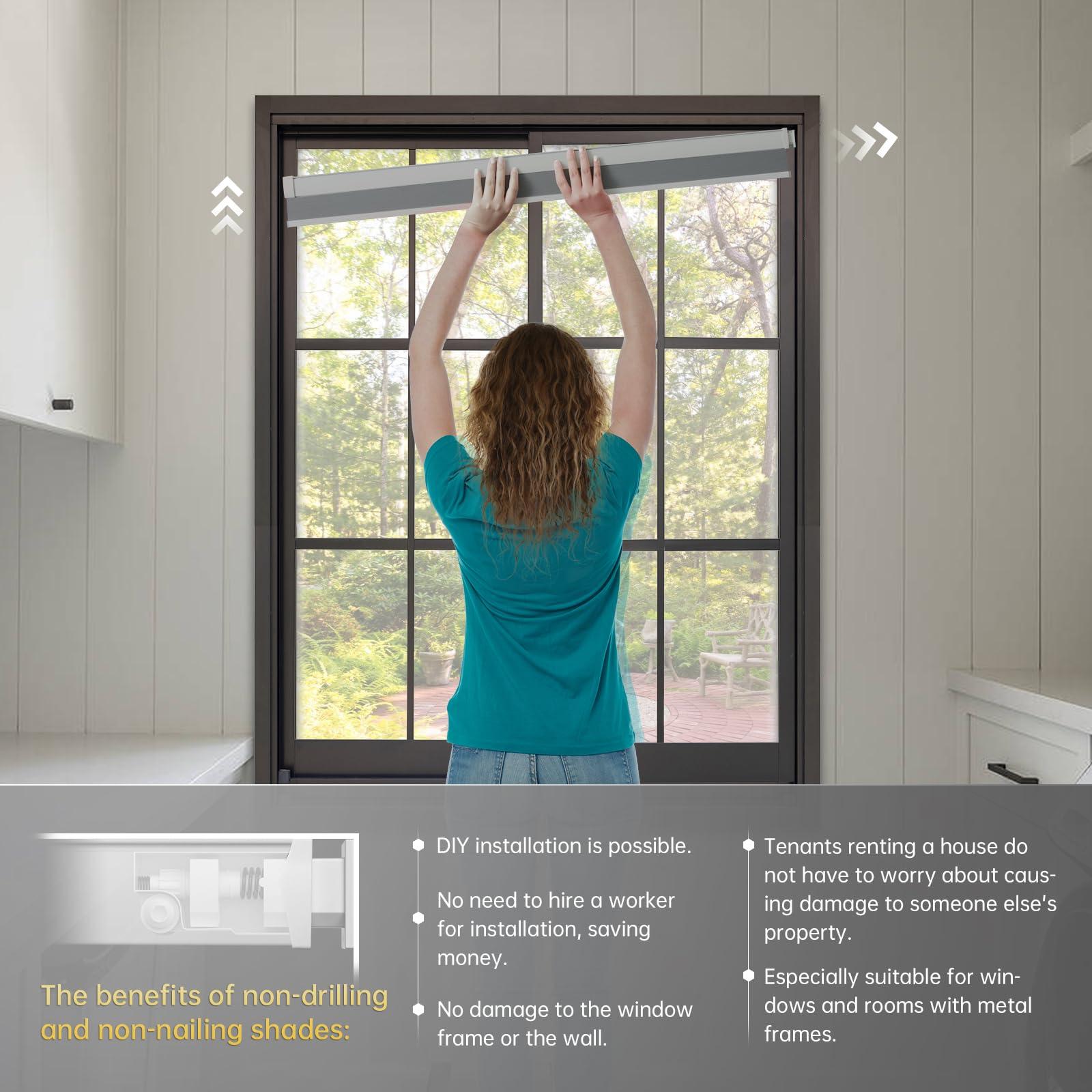 CINONEKO CINONEKO No Drill Motorized Cellular Shades with RemoteCordless Smart Honeycomb BlindsFree Solar Panel Blackout Electric Blinds, No Tools No Drilling Honeycomb Shades,Gray 32x64