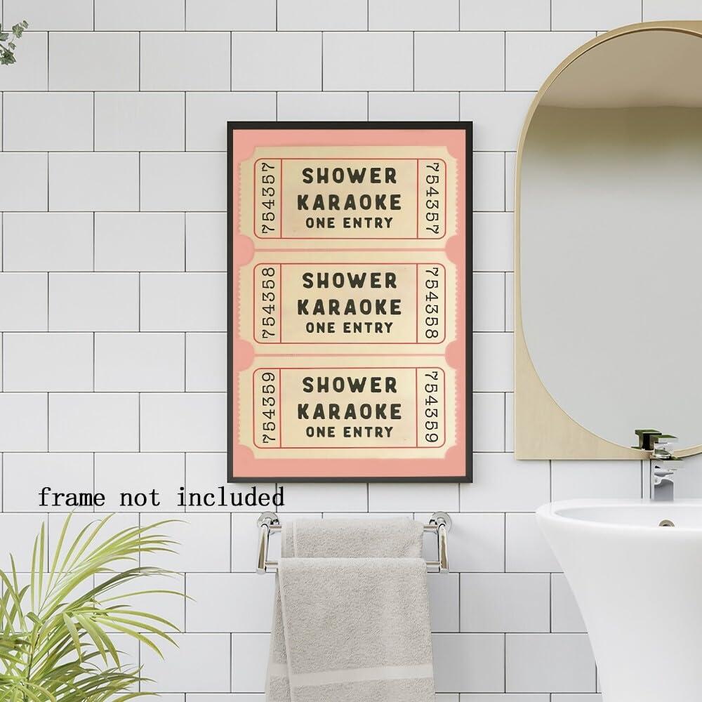 WHQethrial Funny Shower Karaoke Ticket Print Bathroom Canvas Poster for Bathroom Decor, Retro Pink Toilet Wall Art, Cute Bath Decor, Aesthetic Bathroom Art, Guest Bathroom Canvas Wall Art 8x12inch Unframed