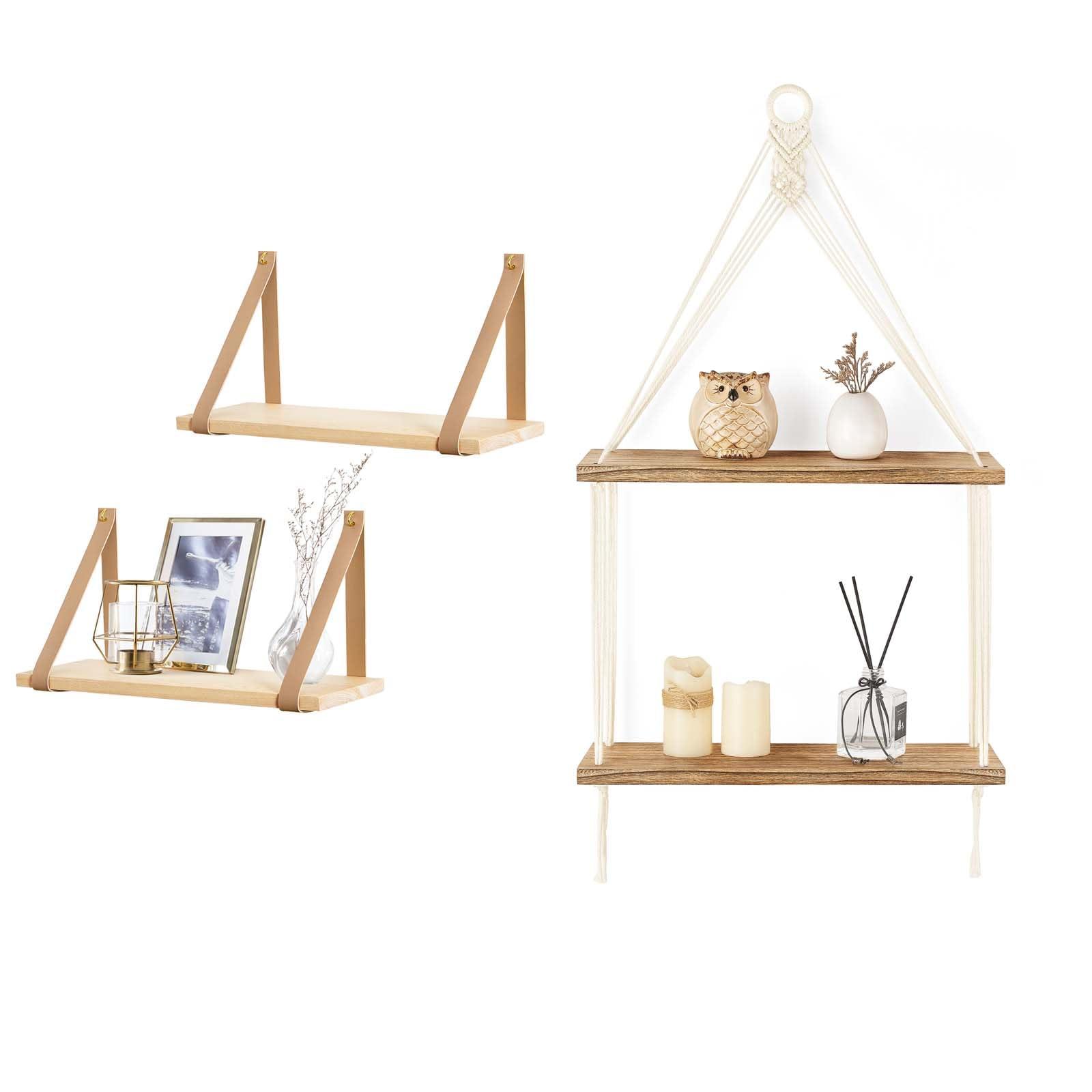 Mkono Mkono Leather Strap Swing Organizer and Macrame Hanging Shelf Boho Wall Decor 2 Tier Handmade Cotton Rope Rustic Wood Floating Shelves