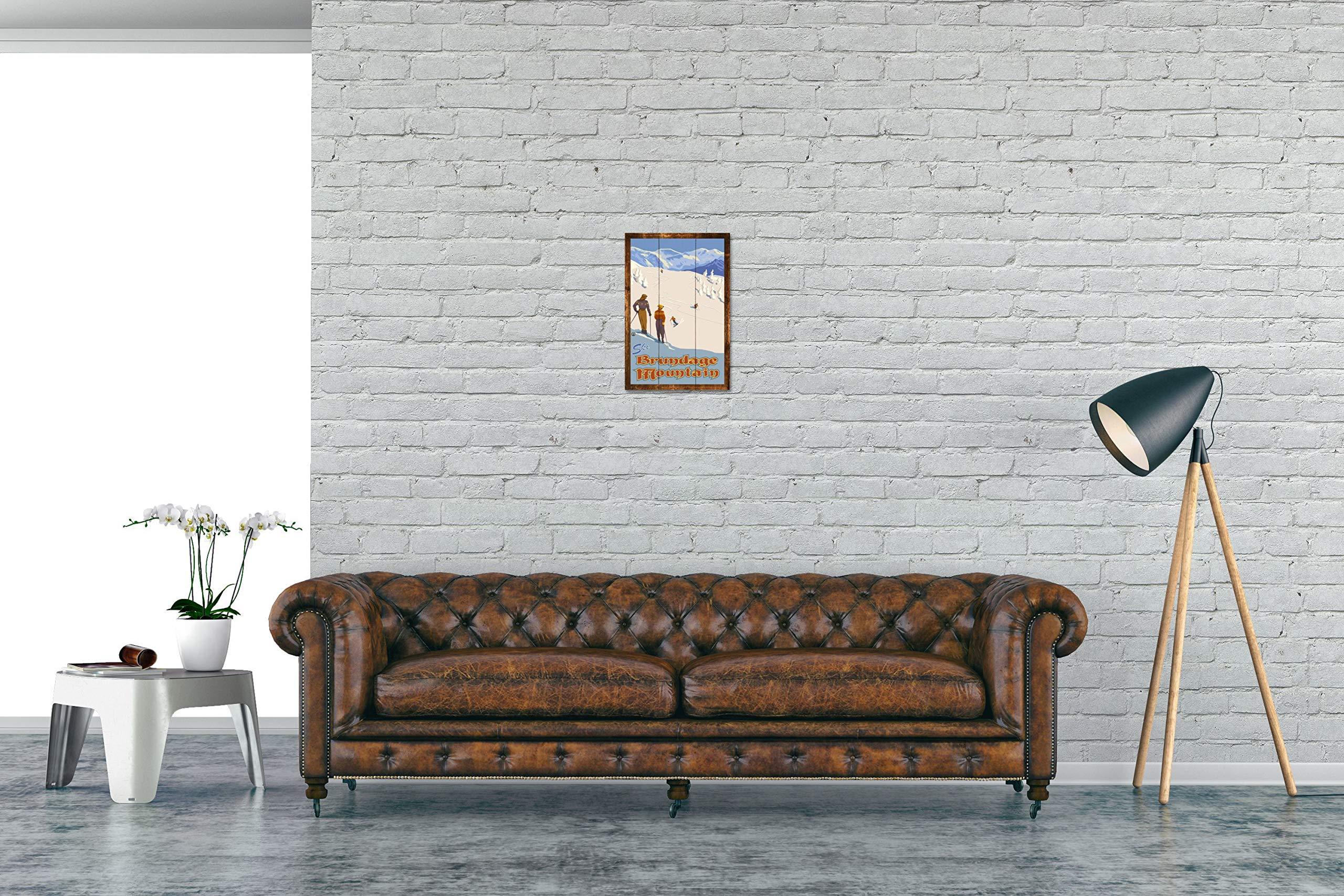 Northwest Art Mall Brundage Mountain Idaho Mountain Slope Skiers Rustic Wood Art Print from Travel Artwork by Artist Paul A. Lanquist 12" x 18"