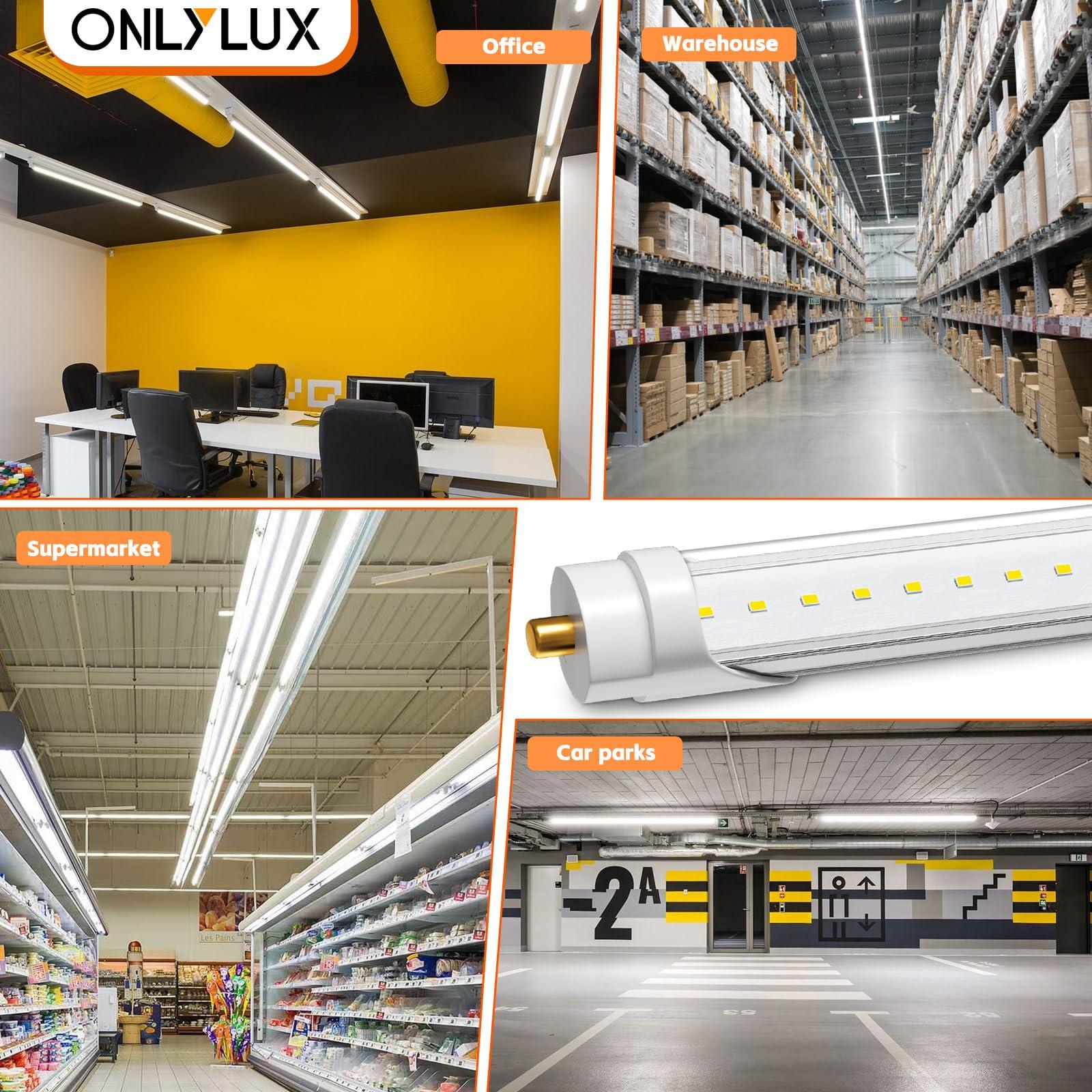 ONLYLUX ONLYLUX 8 Foot Led Lights, T8 96\" 45Watt FA8 Single Pin LED Shop Lights 5850LM, Ballast Bypass, 6000k, F96 8ft Led Bulbs Fluorescent Replacement,Workshop, Warehouse, Clear Cover(12 Pack)