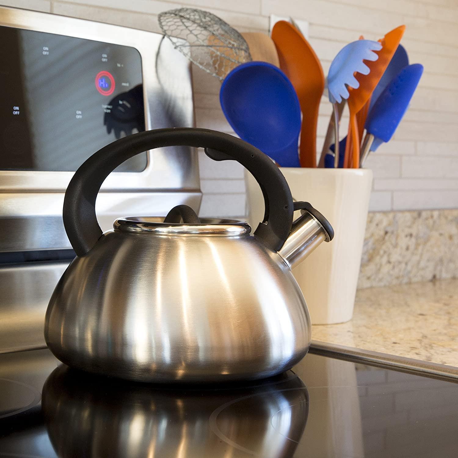 Primula Primula Avalon Whistling Stovetop Tea Kettle Food Grade Wide Mouth, Fast to Boil, Cool Touch Handle, 2.5-Quart, Brushed Stainless Steel