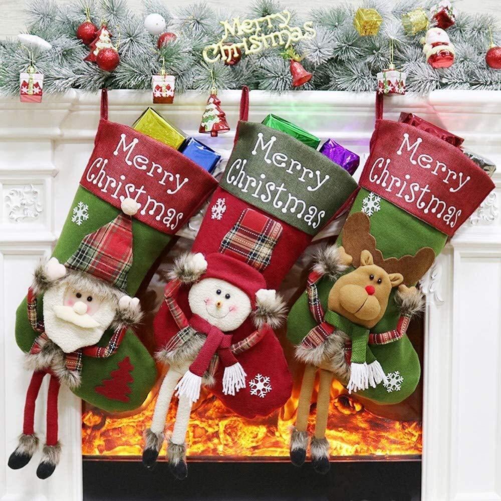 ACCROL ACCROL Set of 3 Christmas Stocking, 18\" Large Santa Stocking Santa Snowman Reindeer Christmas Stockings for Filling and Hanging Red (Size : 3 Stck 01)