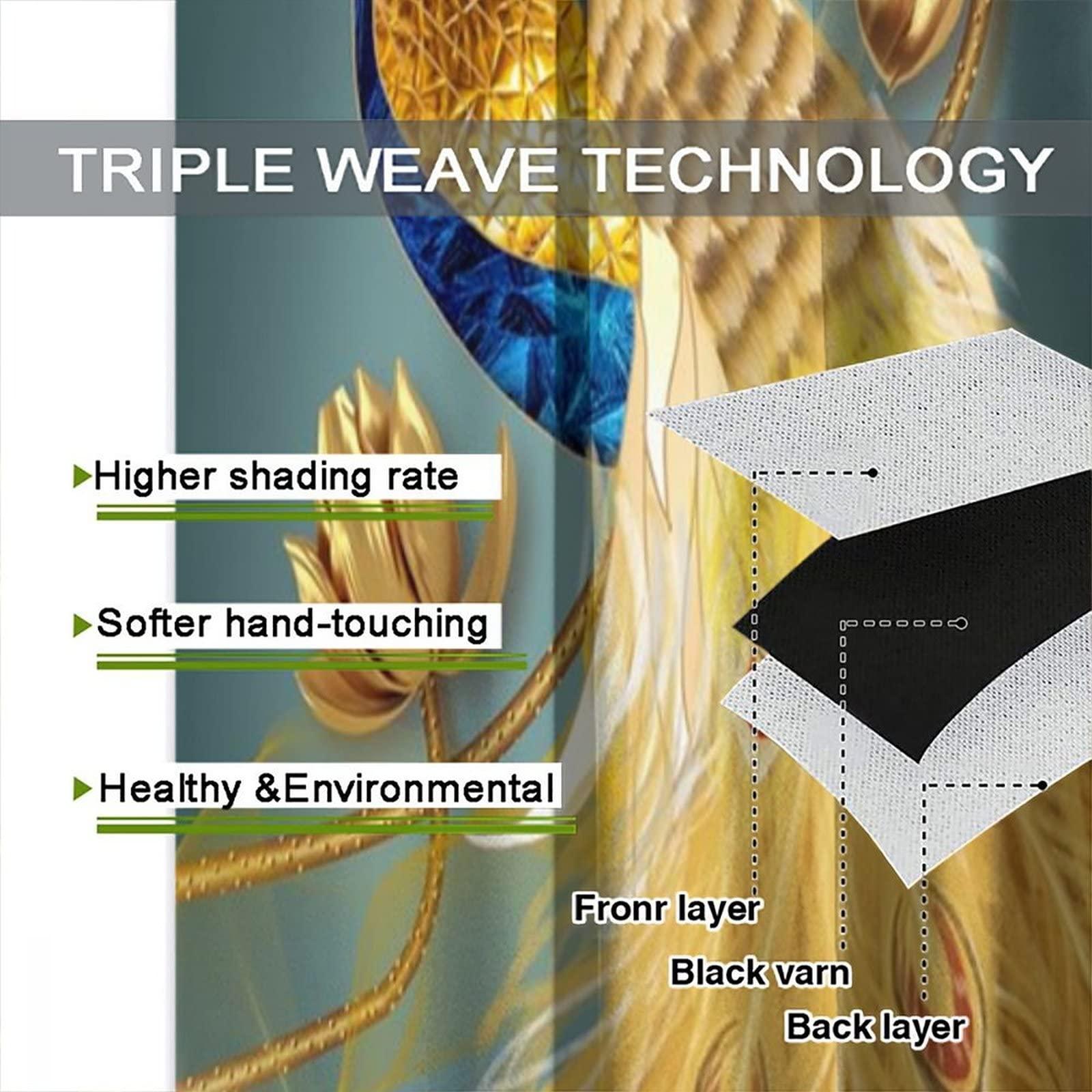 AuiMzoo Peacock Blackout Curtains, Beautiful Blue and Gold Peacock Standing On Golden Lotus, Women Bedroom Living Room Curtains 2 Panel Set, 42x45 Inch