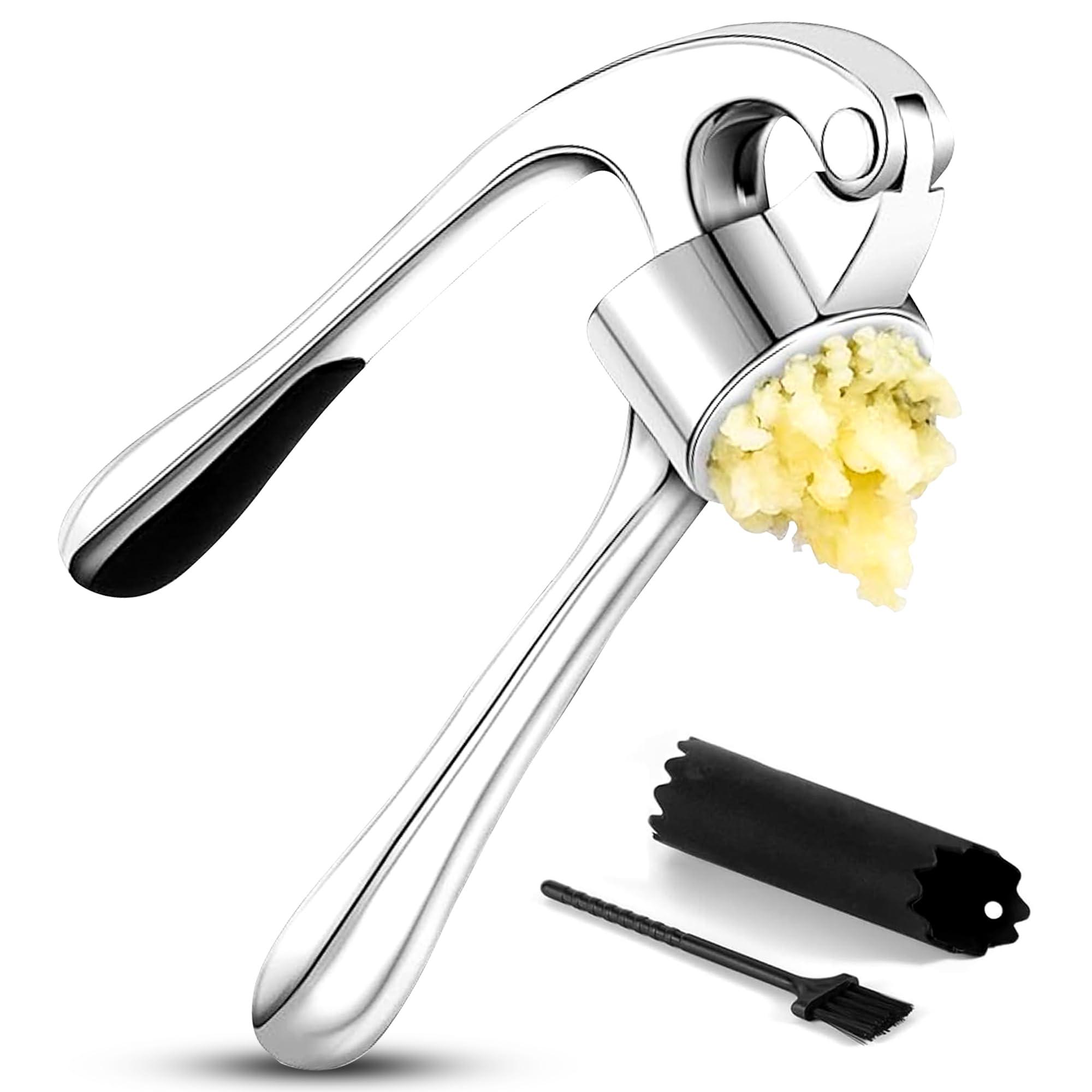 One Stop SHOPS Garlic Press Premium 3 Piece Set - Dishwasher Safe Professional Mincer with Soft Ergonomic Handle, Silicone Peeler, and Cleaning Brush