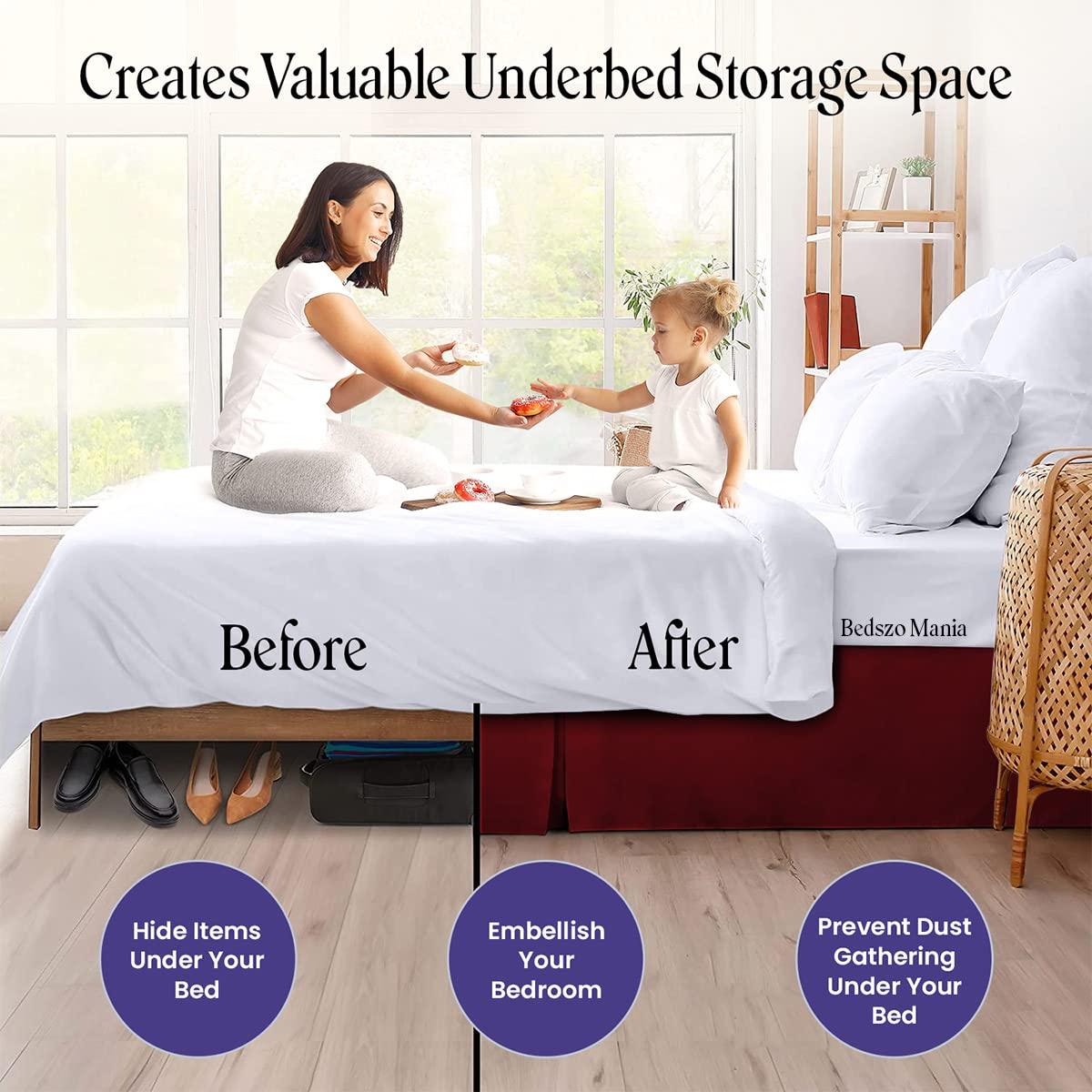 Bedszo Mania Box Pleated Bed Skirt 21 Inch Drop King Size Burgundy Color Bed Skirt Split Corner Pleated Style Easy Fit Easy Care Fade & Wrinkle Resistant-100% Microfibre Made