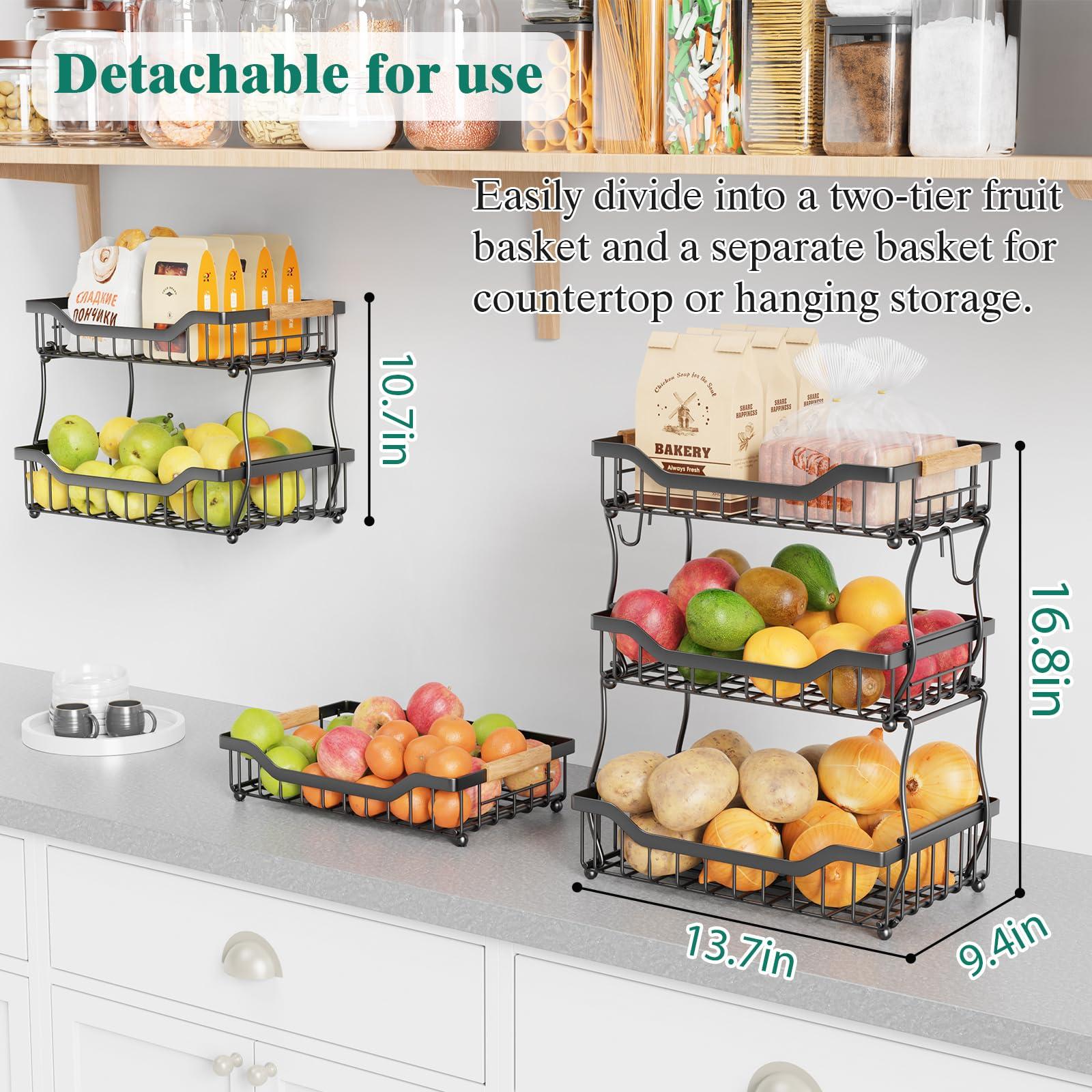 Giwil Giwil 3 Tier Countertop Fruit Basket for Kitchen, Vegetable Storage Basket Bread Fruit Bowl Stand with 2 Banana Hooks, Wall Mounted Metal Wire Basket Organizer for Potato Onion, Black