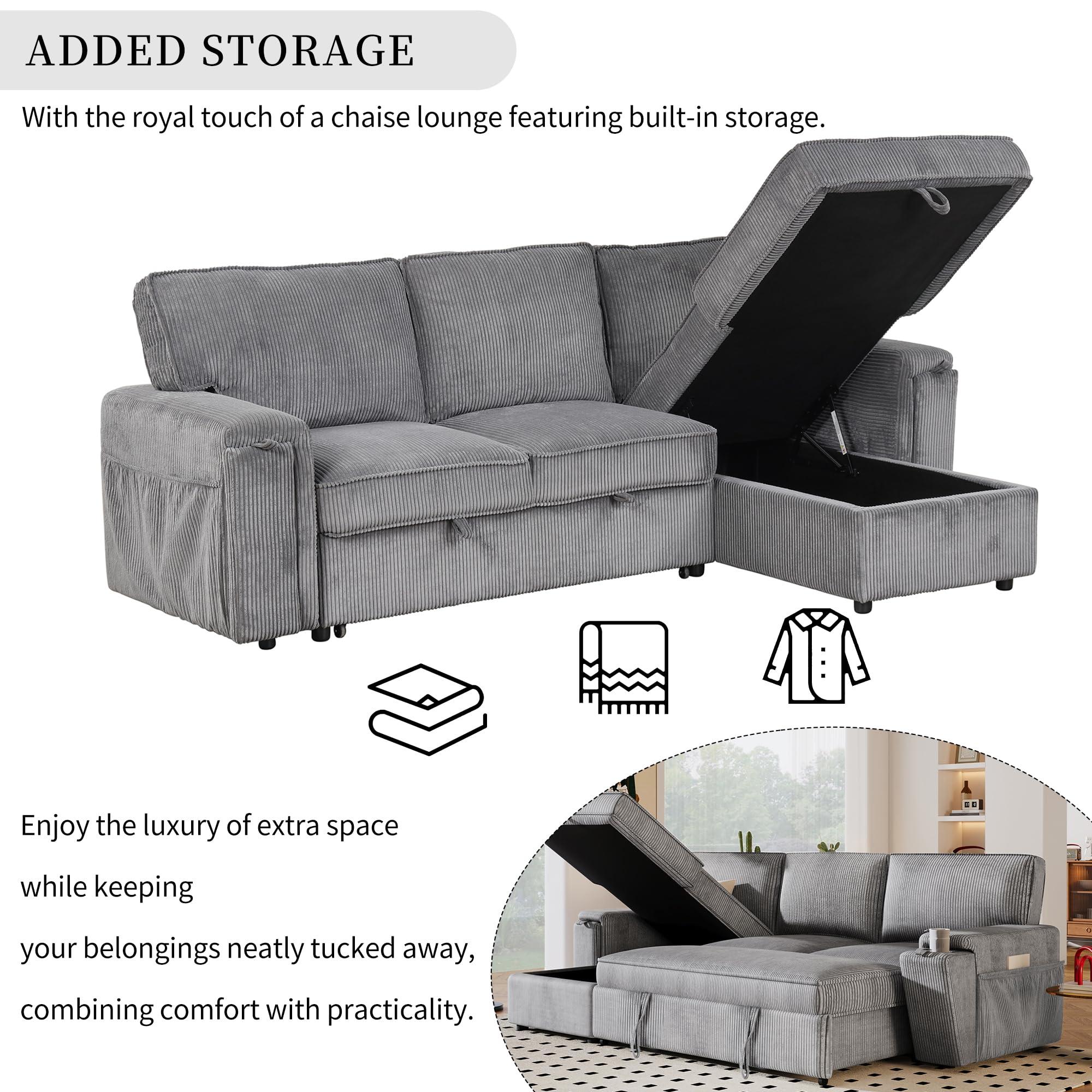 LPKRPL Upholstery Sleeper Sofa Sectional Sofabed - Extra Large Modern Sectional Sofa Set with Pull-Out Bed, Storage Bags and 2 Cup Holders on Arms, Suitable for Living Room, Study Room and Apartment (Gray)