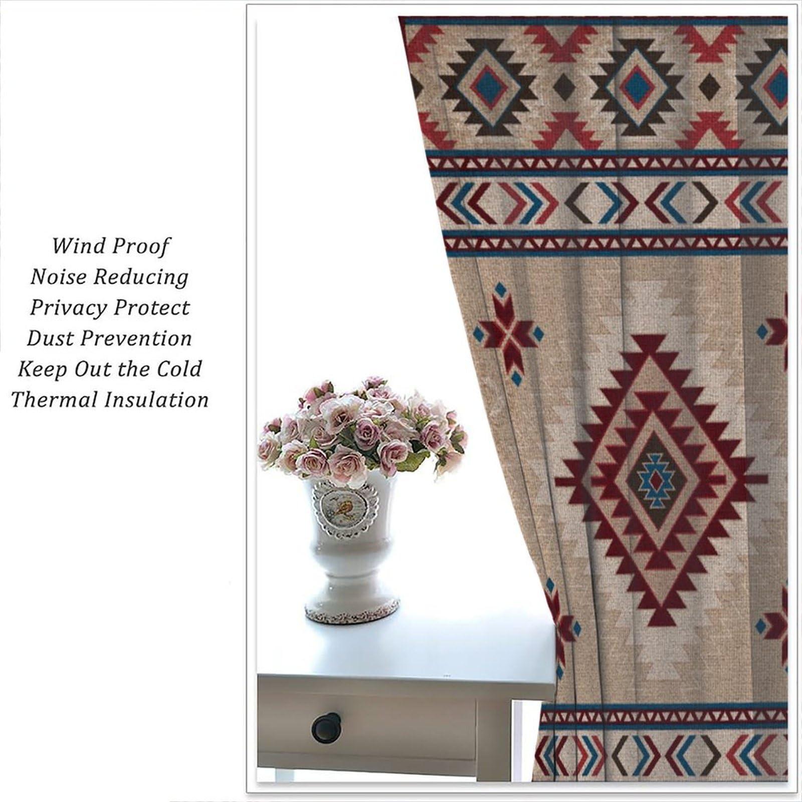 HLLYY Aztec Curtains Red Ethnic Southwestern Geometric Pattern Farmhouse Tribal Boho Blackout Drapes for Bedroom Living Room Kitchen Bathroom W42xL84 Inch x2 Panels