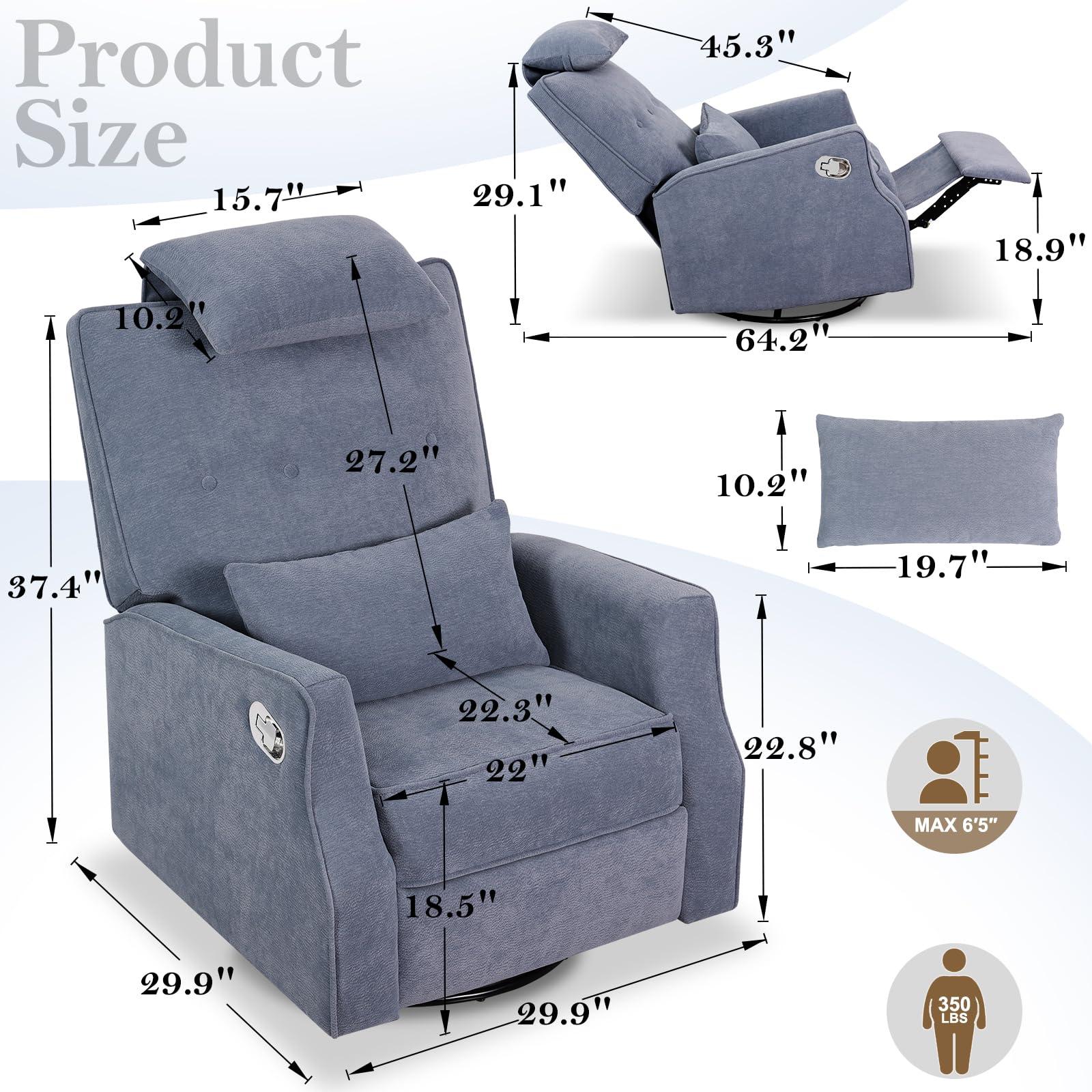 DIFYHOMEY DIFYHOMEY Nursery Swivel Glider Recliner Chair Chenille Upholstered Accent Glider Rocker Recliner with Headrest and Lumbar Support Pillow for Nursery Living Room Bedroom (Blue)