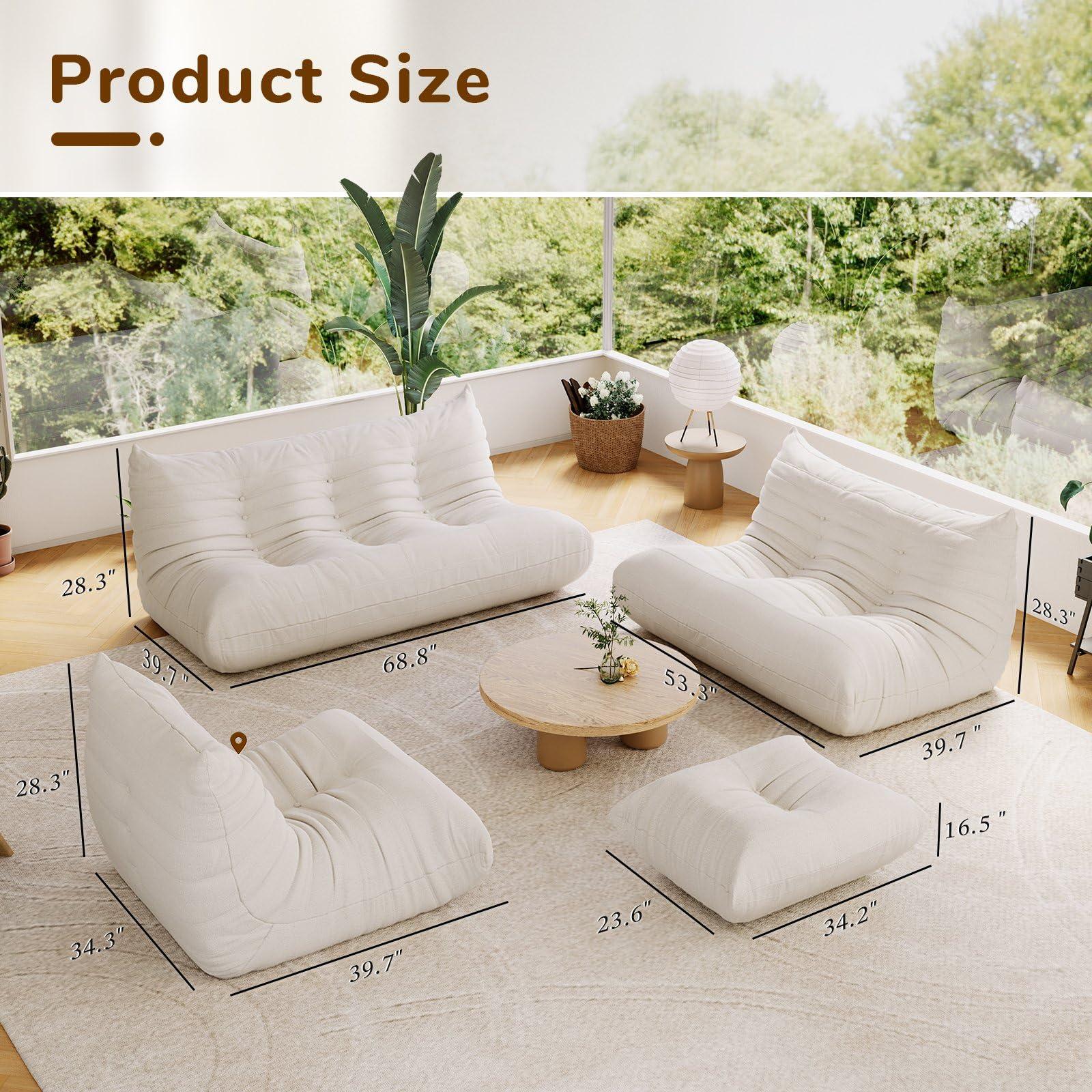 HomeLoft Basics Comfy Lazy Floor Sofa Couch,Teddy Velvet Sofa,Fireside Modern Floor Couch for Adults,3-Seater Lounge Foam Filled Chair with Chaise,Lazy Sofa for Living Room Bedroom Office,White